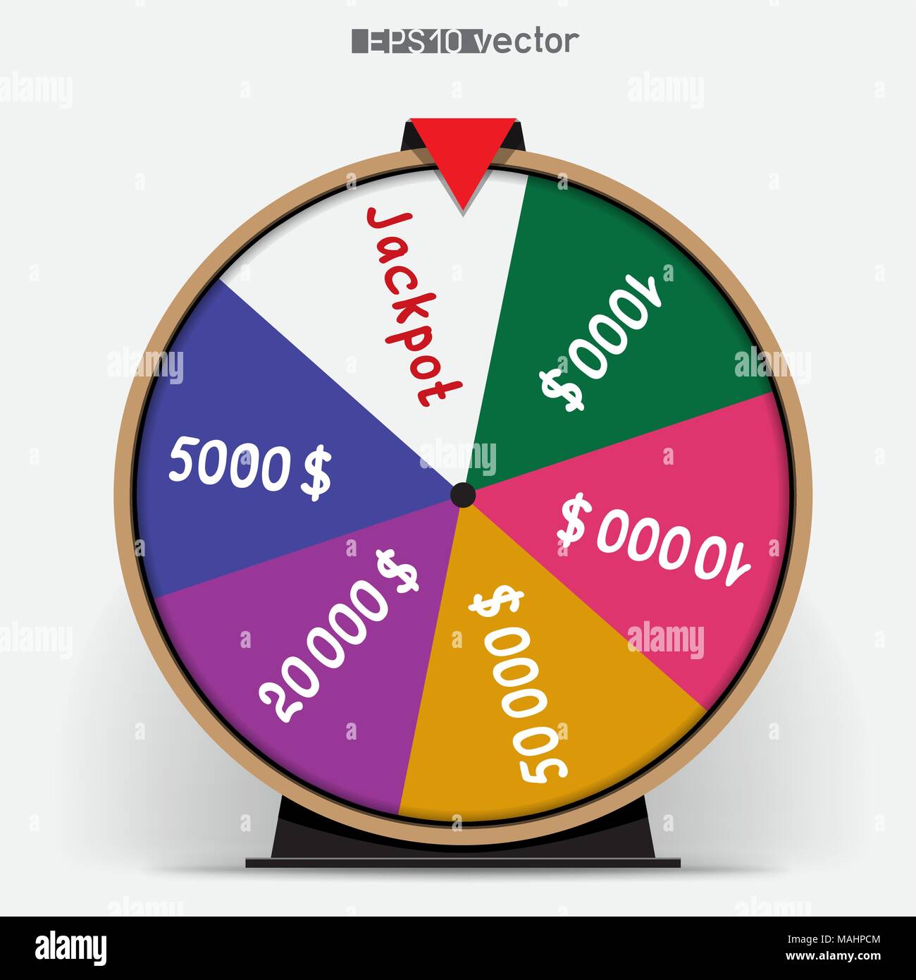 Six segmentation fortune wheel lottery object. Gamble jackpot prize spin with shadow. Round drum casino money game Stock Vector