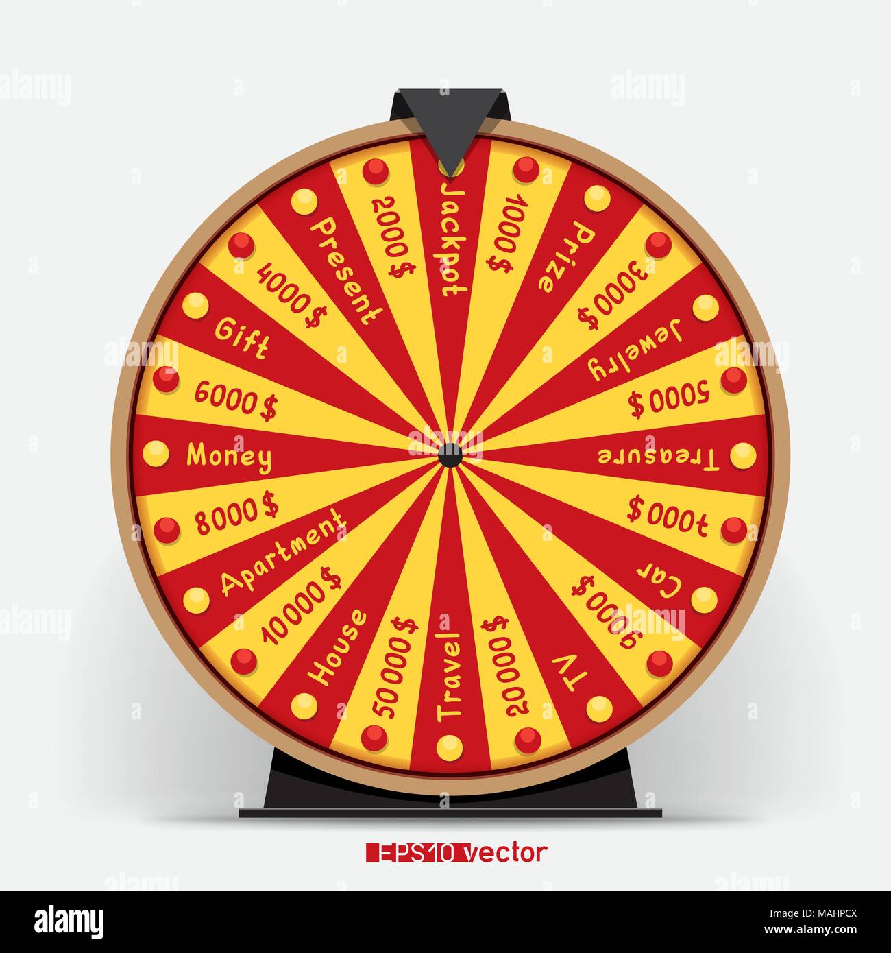 Twenty four segmentation fortune wheel lottery object. Gamble jackpot prize spin with shadow. Round drum casino money game Stock Vector