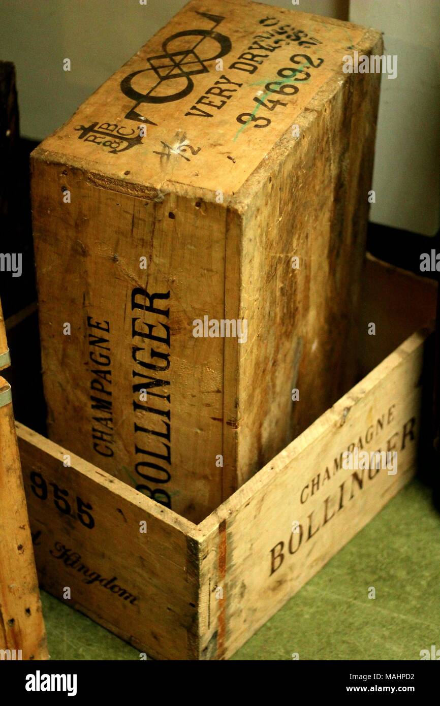 Elegant Style - Wine Cellar & Collectable Barware - Vintage Bollinger Champagne Wooden Crates Stock Photo
