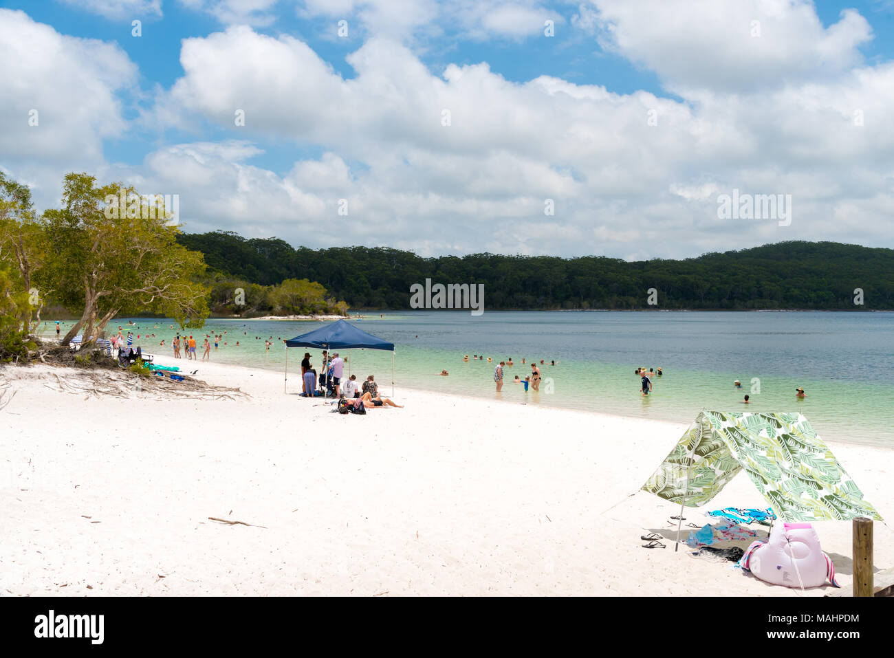Fraser Island, QLD, Australia - December 31, 2017: People at the beach at Lake McKenzie, one of the popular freshwater lake at Fraser Island, Stock Photo