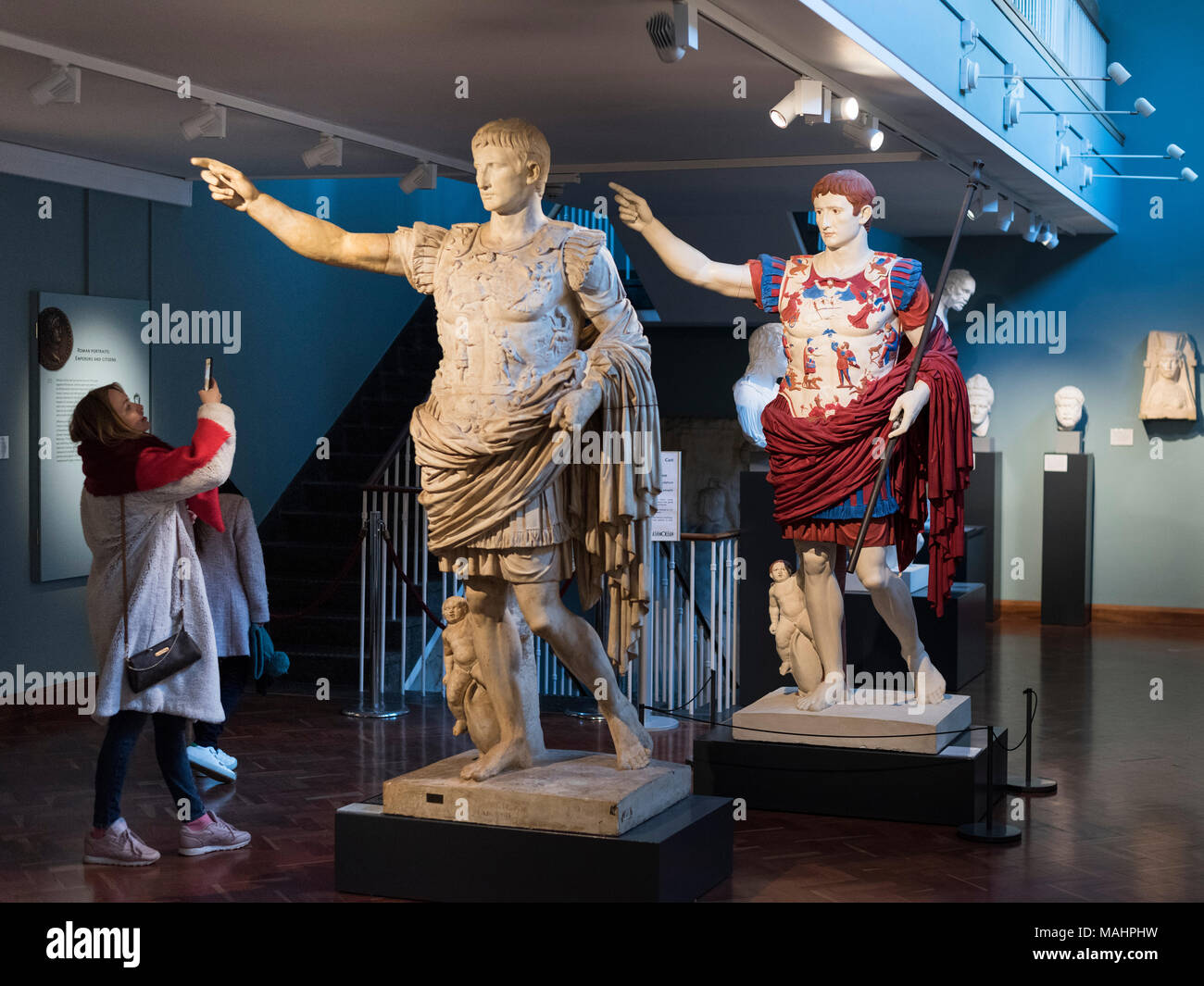 Oxford. England. Painted plaster cast copy of the statue of Roman Emperor Augustus of Prima Porta. Ashmolean Museum.  In this reconstruction, the orig Stock Photo