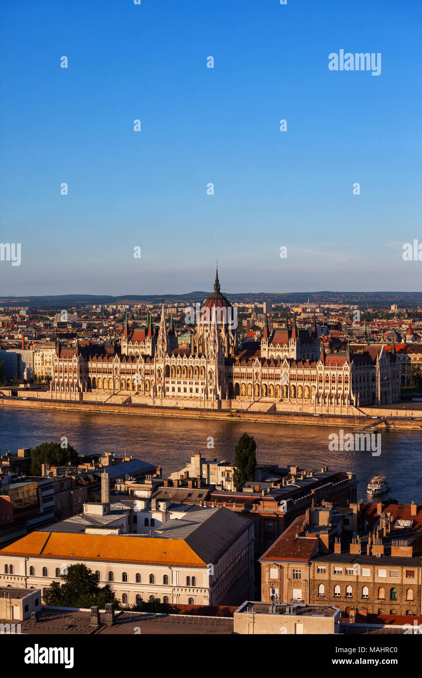 Budapest at sunset, capital city of Hungary cityscape with Hungarian Parliament Building at Danube River Stock Photo