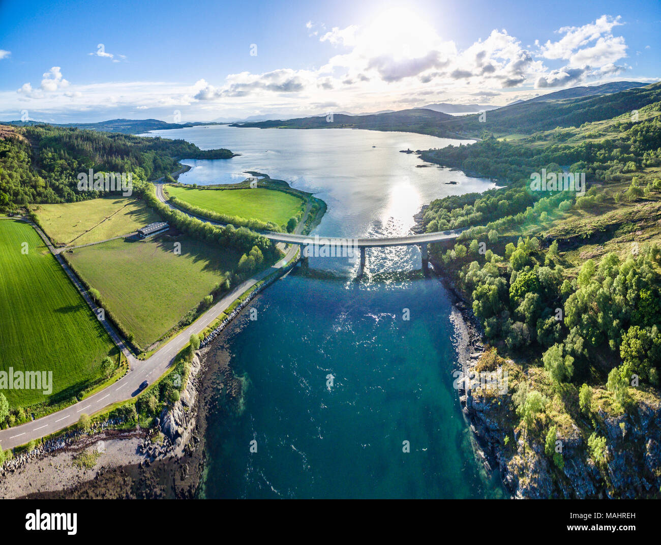 Aerial view of Loch Creran by the Loch Creran bridge, Argyll, Scotland