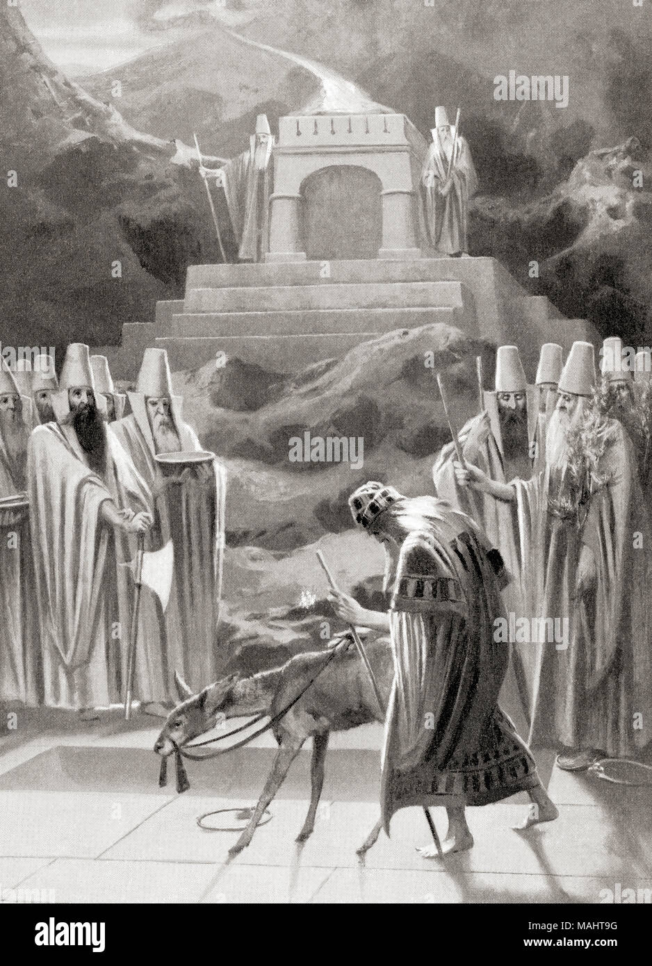 The beginnings of fire-worship.  The ancient Aryans of Persia offered sacrifices at altars tended by fire-kindling priests known as athravan, this led to the worship of the sacrifical flame itself, the only point of the ancient ritual preserved by Zoroaster in his reforms.  From Hutchinson's History of the Nations, published 1915 Stock Photo