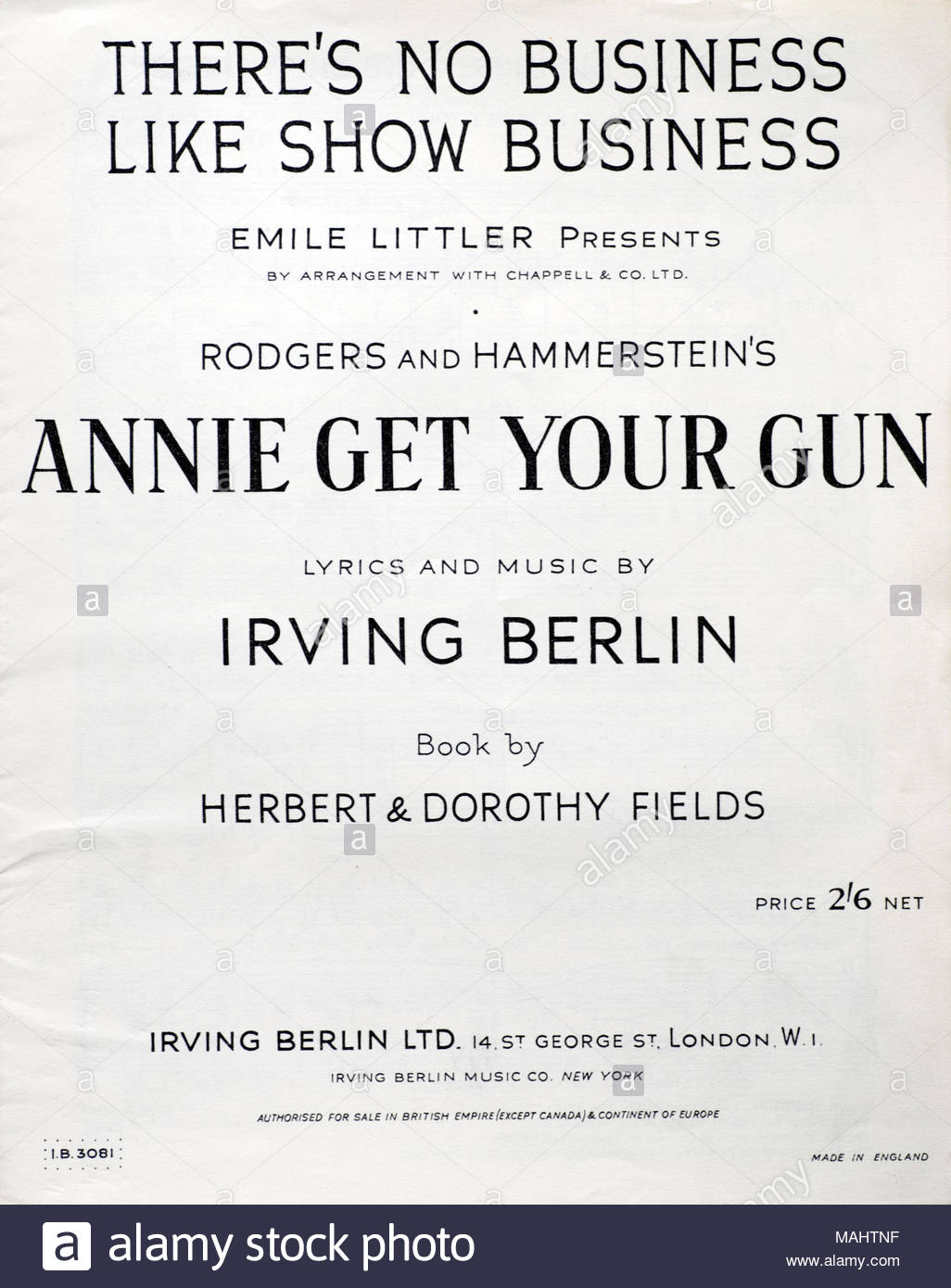 Original Sheet Music 1947 for, Annie Get Your Gun, written by American songwriter Irving Berlin and produced by Rodgers and Hammerstein Stock Photo