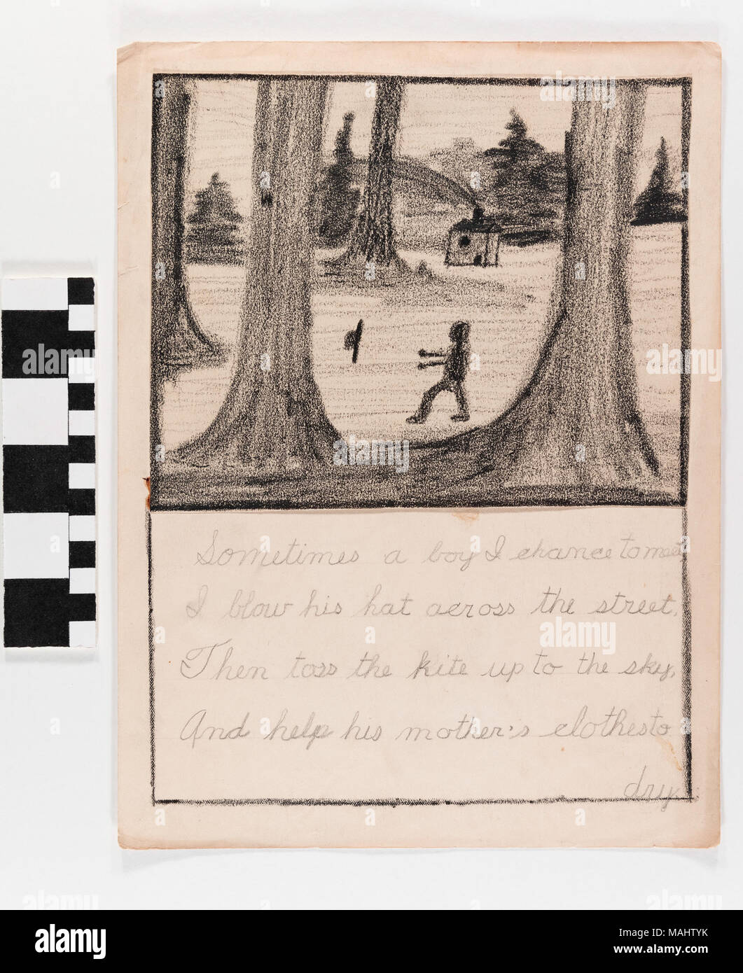 Black crayon illustration a person in the woods with their hat blown off and five line poem below drawing. Title: Illustration 'Sometimes a Boy I Chance to Meet' by Otto Burian  . 21 February 1908. Burian, Otto Stock Photo