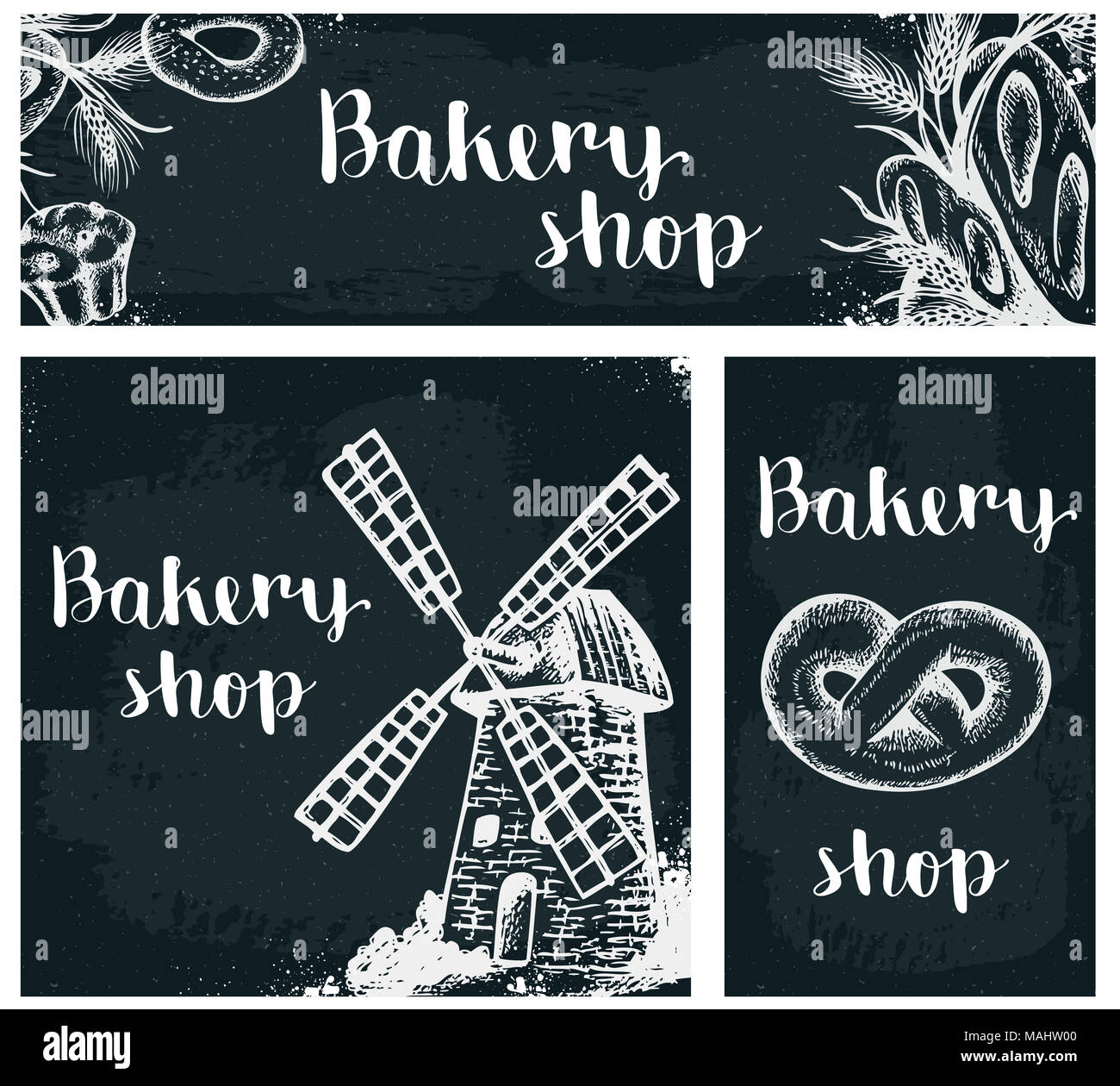 Set of vintage hand drawn vector banners with bakery products on the