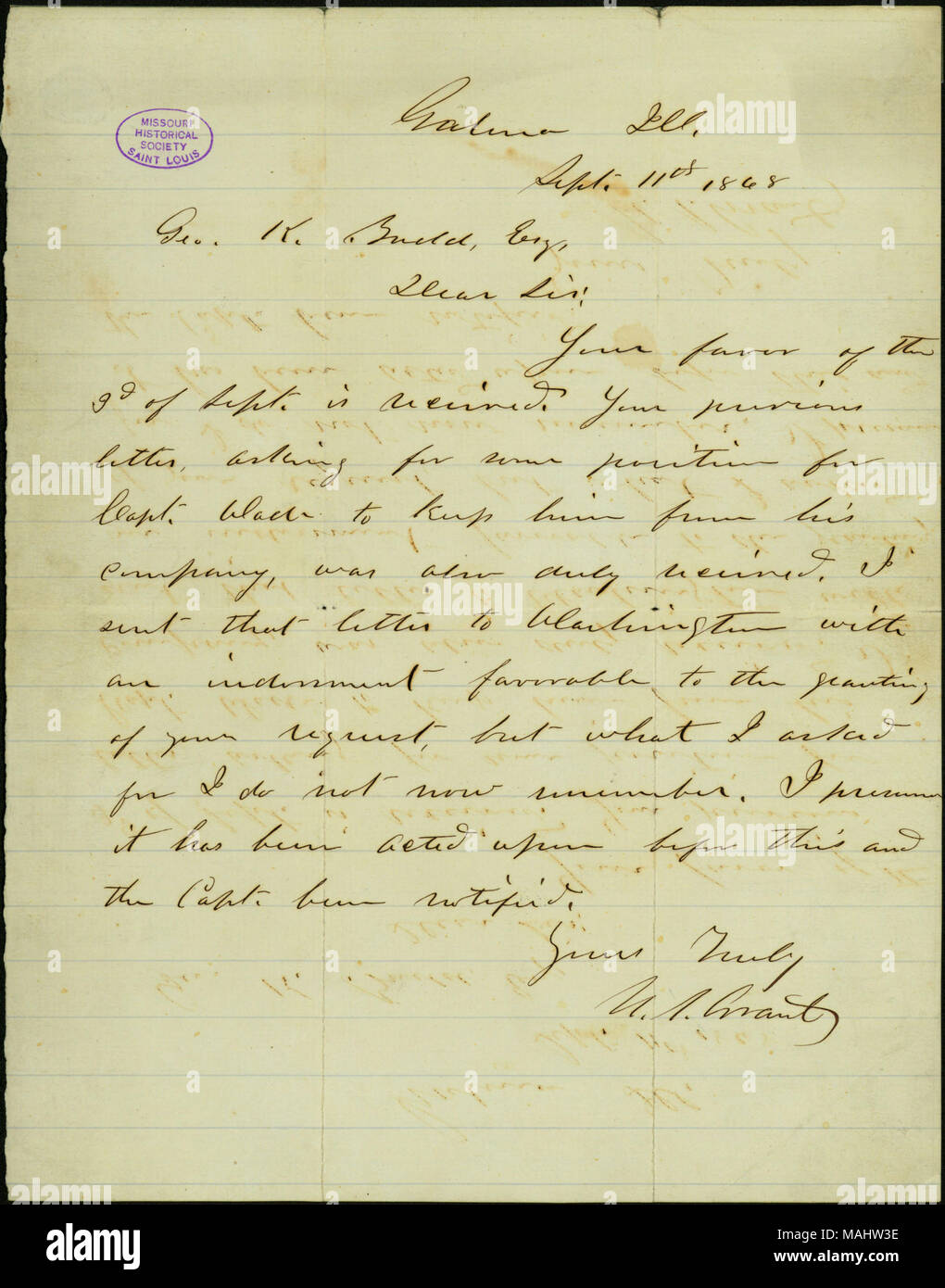 States that Budd's favor of 3rd September has been received. His previous letter asking for a position for Capt. Wade was also received. Grant states that he sent it to Washington with an endorsement. Title: Letter signed U.S. Grant, Galena, Ill., to Geo. K. Budd [George K. Budd], September 11, 1868  . 11 September 1868. Grant, Ulysses S. (Ulysses Simpson), 1822-1885 Stock Photo