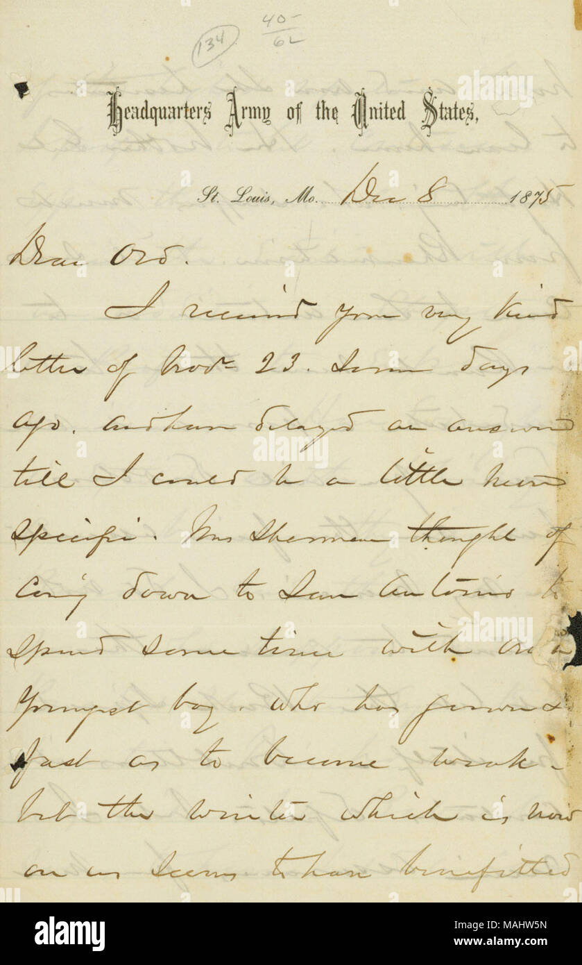 Discusses family news, and states that he will not answer criticisms of his memoirs but will let the book stand on its own. Mentions the political situation surrounding the Whiskey Ring corruption scandal. Title: Letter signed W.T. Sherman, St. Louis, Mo., to E.O.C. Ord, December 8, 1875  . 8 December 1875. Sherman, William T. (William Tecumseh), 1820-1891 Stock Photo