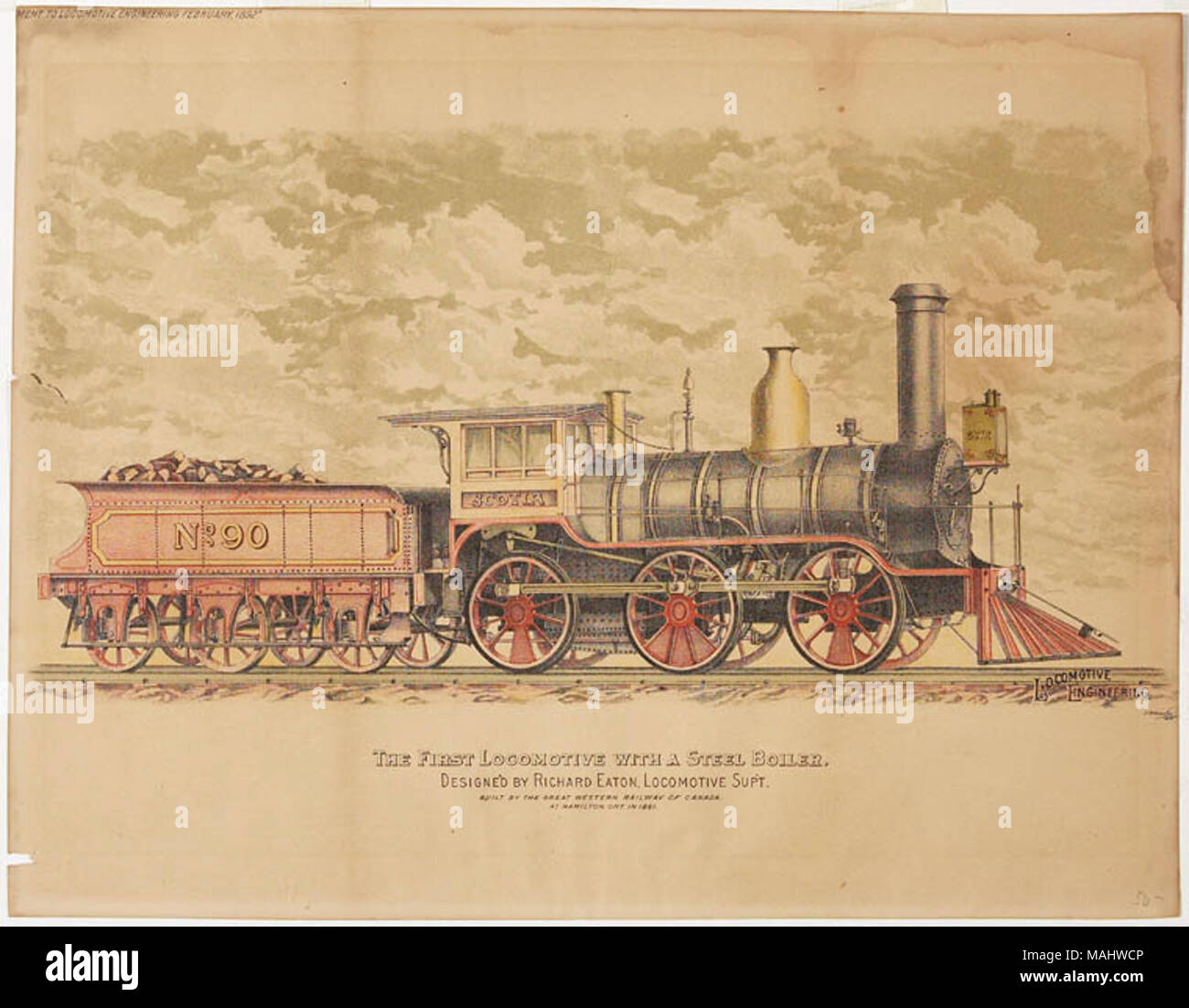 The First Locomotive with a Steel Boiler. Etching of steam engine pulling a car that appears to be full of wood. Below the side windows is written 'Scotia' and 'No. 90'. Inscription: l.c.; 'The First Locomotive With A Steel Boiler / Designed by Richard Eaton, Locomotive Sup't. / Built by the Great Western Railway of Canada / at Hamilton Ontario, 1861'. Published by the J. Ottmann Lithographic Co. The print, 'made directly from a large colored drawing', was a supplement to the February 1892 issue of the journal Locomotive Engineering, published in New York. Fran+?ais-?: La premi+?re locomotive  Stock Photo