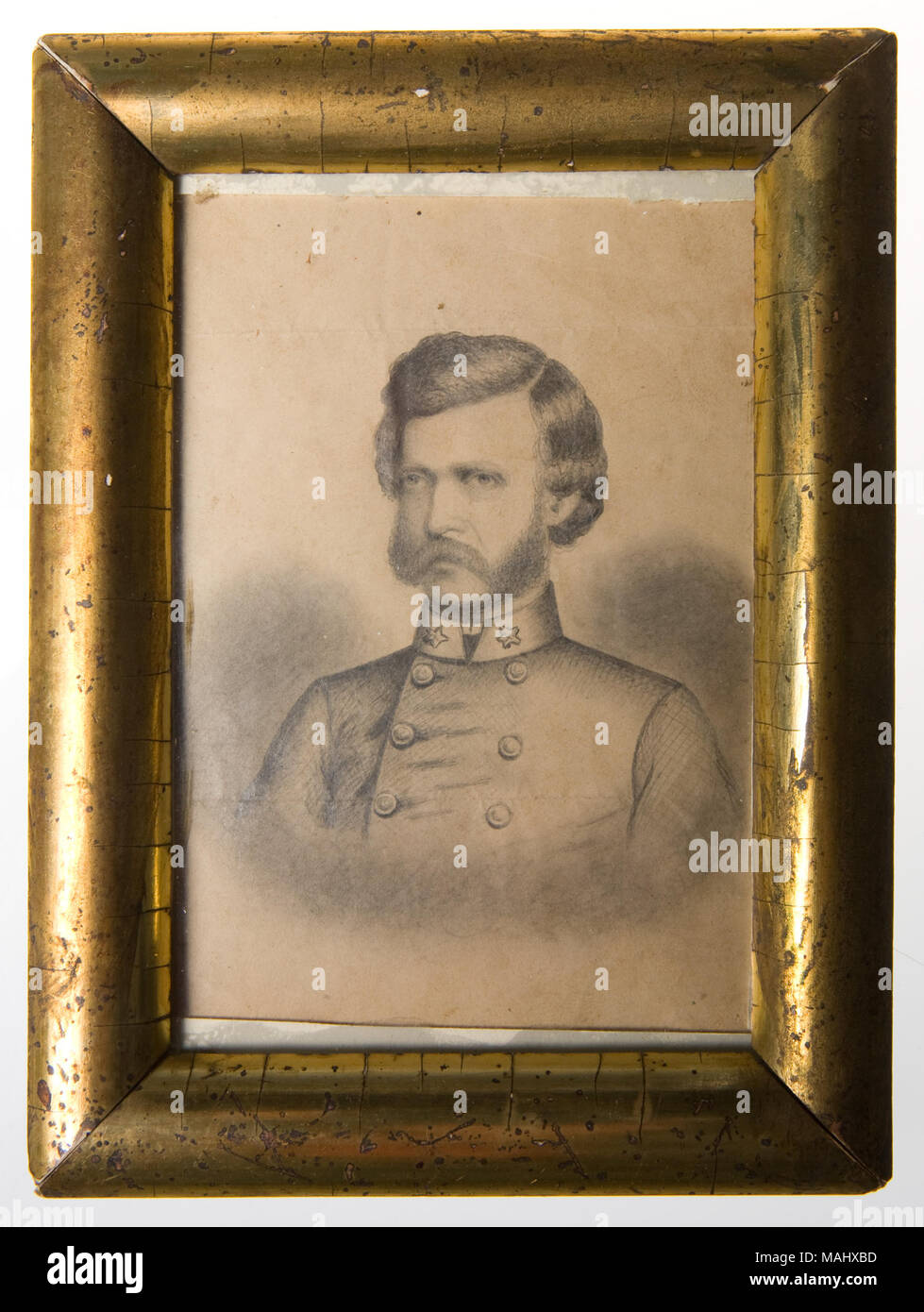 Self-portrait pencil drawing by Major John C. Smith, CSA, completed when he was imprisoned at Johnson's Island, Ohio during the Civil War. Smith drew the image by looking at himself in a piece of tin. Title: Miniature Self Portrait of John C. Smith  . 1863. John C. Smith Stock Photo