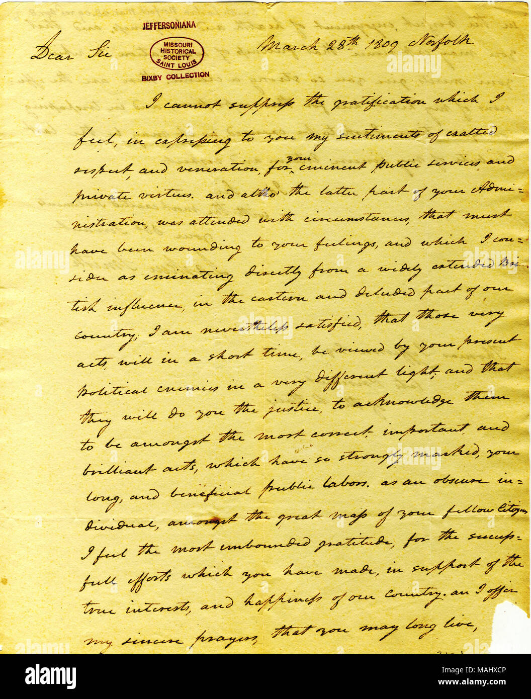 Expresses sentiments of respect and veneration for Jefferson's public services and private virtues. Mentions 'wounding' circumstances of the latter part of administration, and attributes problems to British influence. Title: Letter signed Larkin Smith to Thomas Jefferson, March 28, 1809  . 28 March 1809. Smith, Larkin Stock Photo