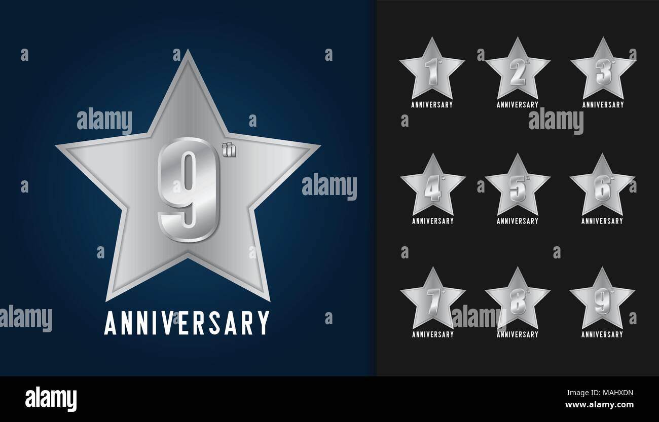 Set of anniversary logotype. Silver anniversary celebration with star shape design template for booklet, leaflet, magazine, brochure poster, web, invi Stock Vector
