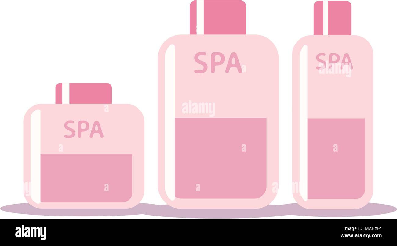 Set of cosmetic bottles in flat style. Soap, shampoo, lotion pink