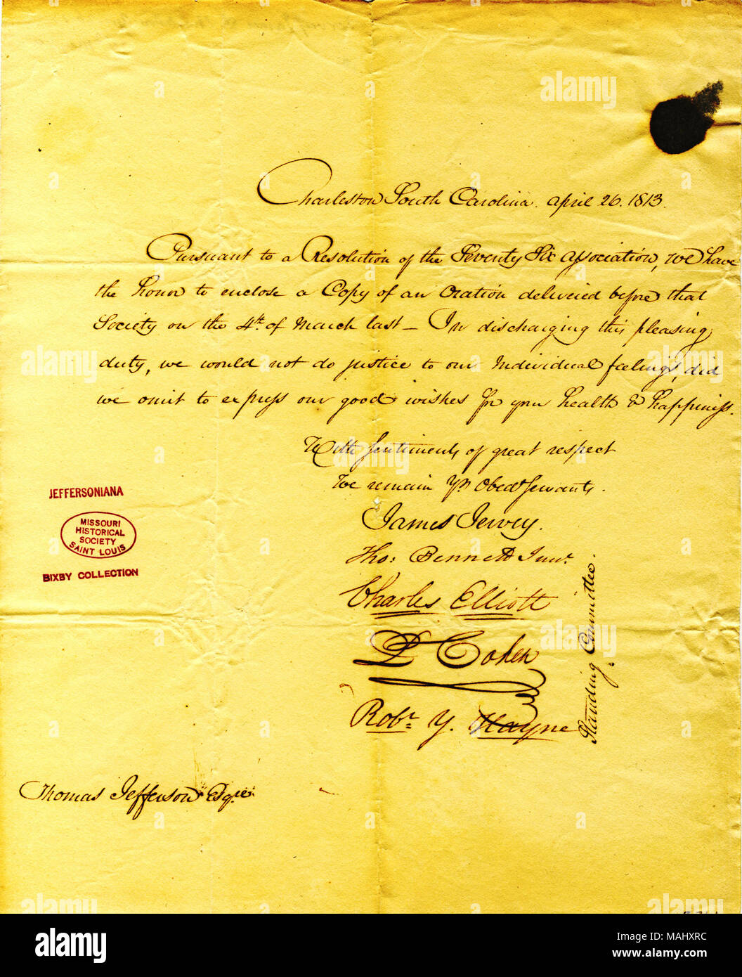 Encloses a copy of an oration delivered before the Seventy Six Association on March 4th. Title: Note from James Jervey, Thomas Bennett, Jr., Charles Elliott, L. Cohen, and Robert Y. Hayne, Charleston, South Carolina, to Thomas Jefferson, April 26, 1813  . 26 April 1813. Jervey, James Stock Photo