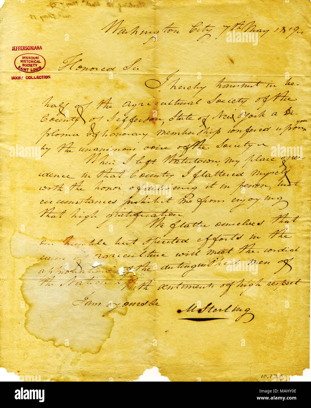 Sends a diploma of honorary membership on behalf of the Agricultural Society of the County of Jefferson, New York. Title: Letter signed M. Sterling, Washington City, to Thomas Jefferson, May 7, 1819  . 7 May 1819. Sterling, M. Stock Photo