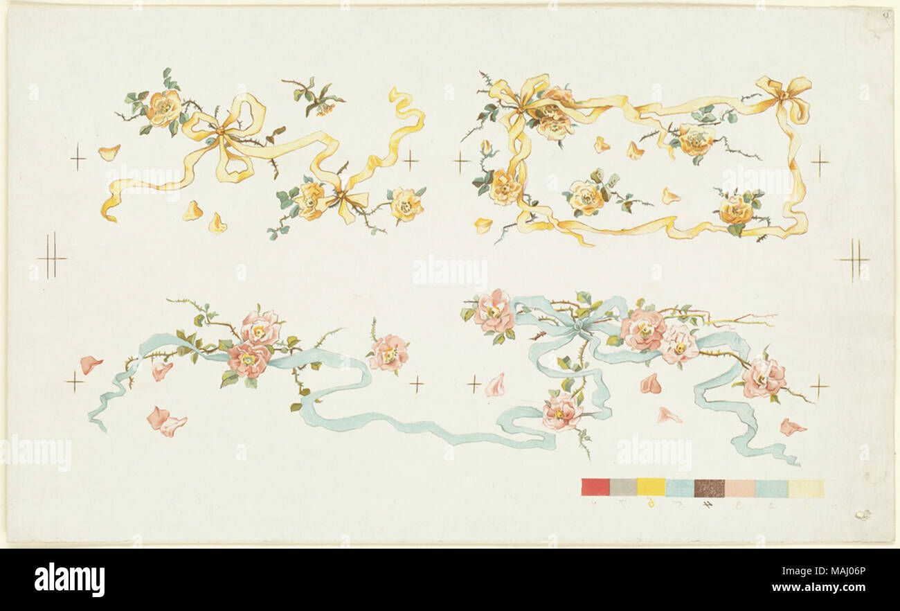 File name: 07 11 001230 Title: Four Groups of Roses Entwined with Ribbons Creator/Contributor: L. Prang & Co. (publisher) Date issued: 1861-1897 (approximate)  Physical description note: Genre: Chromolithographs; Still life prints; Illustrations Notes: Title supplied by cataloger. Location: Boston Public Library,    on 2011-08-04: Camera: Sinar AG Sinarback 54 FW, Sinar m Stock Photo