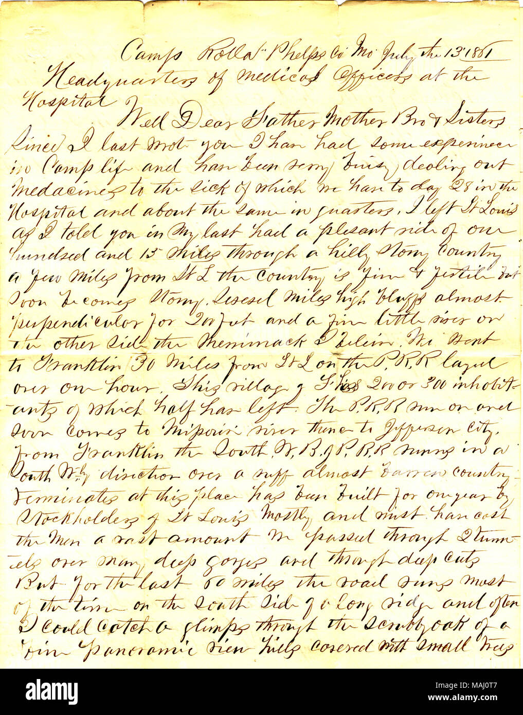Describes his work as a hospital steward. Title: Letter signed T.S. Hawley, Camp Rolla, Phelps County, Missouri, to family, July 13-15, 1861  . 13 July 1861. Hawley, Thomas S., 1837-1918 Stock Photo