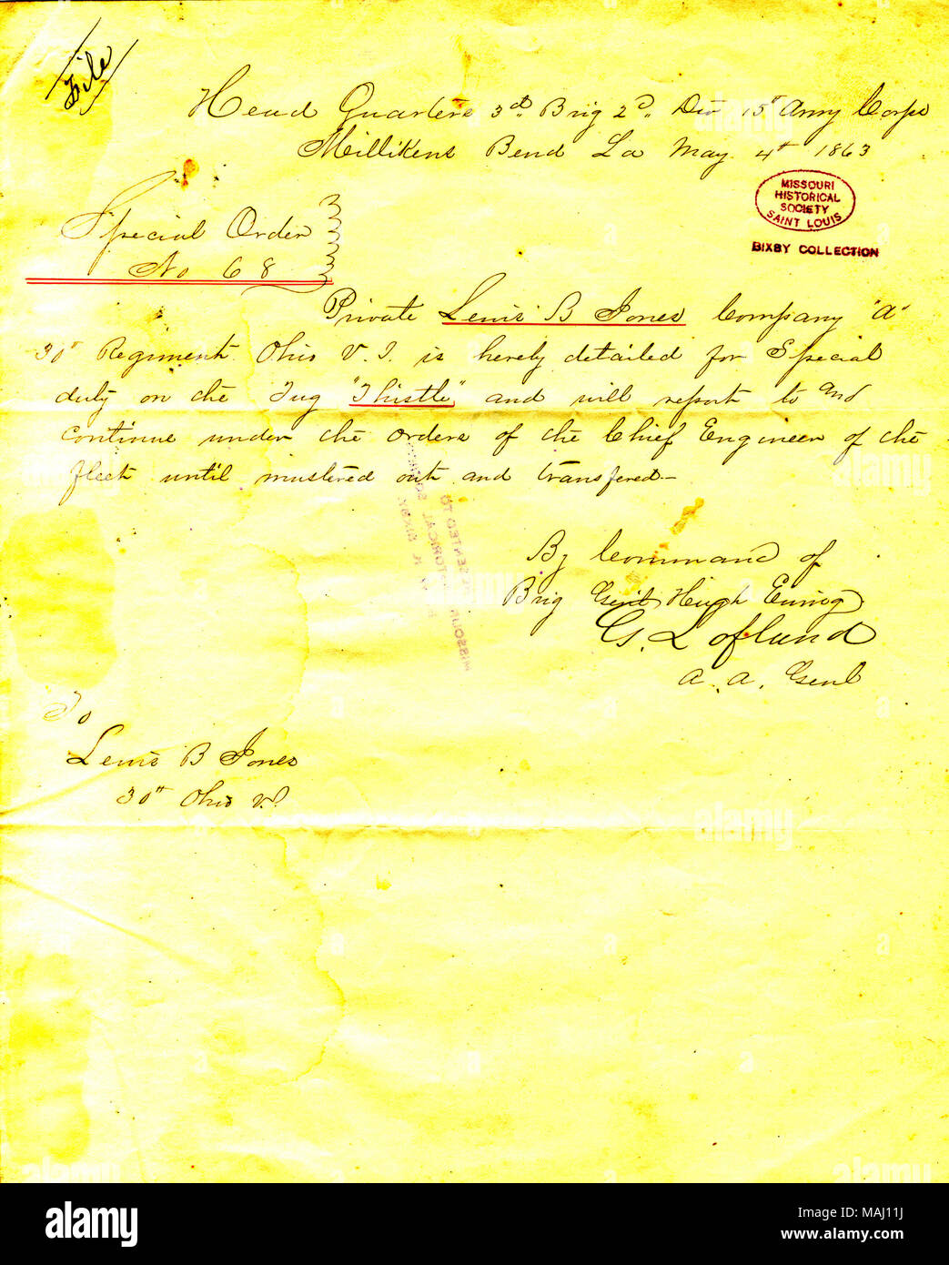 Details Private Lewis B. Jones, Company A, 30th Ohio Infantry, for special duty on the tug Thistle. Title: Special Order No. 68, headquarters, 3rd Brigade, 2nd Division, 15th Army Corps, Milliken's Bend, Louisiana, May 4, 1863  . 4 May 1863. Stock Photo