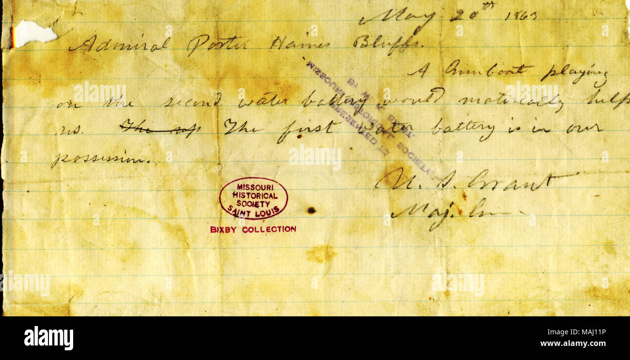 States, 'A gunboat playing on the second water battery would materially help us. The first water battery is in our possession.' Title: Note from U. S. Grant, Haines Bluff, to [David D.] Porter, May 20, 1863  . 20 May 1863. Grant, Ulysses S. (Ulysses Simpson), 1822-1885 Stock Photo