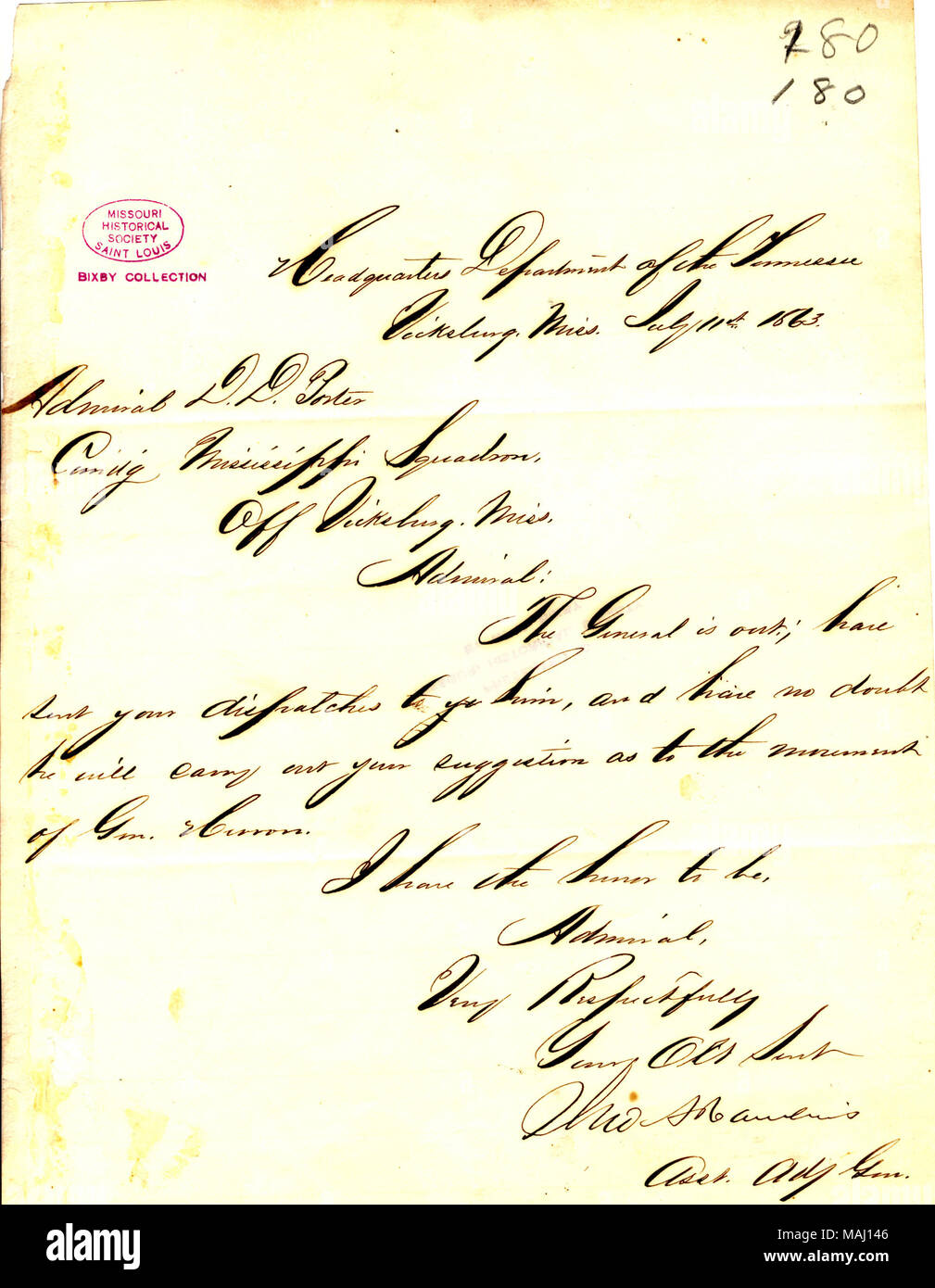 States, 'The General is out; have sent your dispatches to him, and have no doubt he will carry out your suggestion as to the movement of Gen. Herron.' Title: Note from Jno. S. Rawlins, headquarters, Department of the Tennessee, Vicksburg, Mississippi, to [David D.] Porter, July 11, 1863  . 11 July 1863. Rawlins, John S. Stock Photo