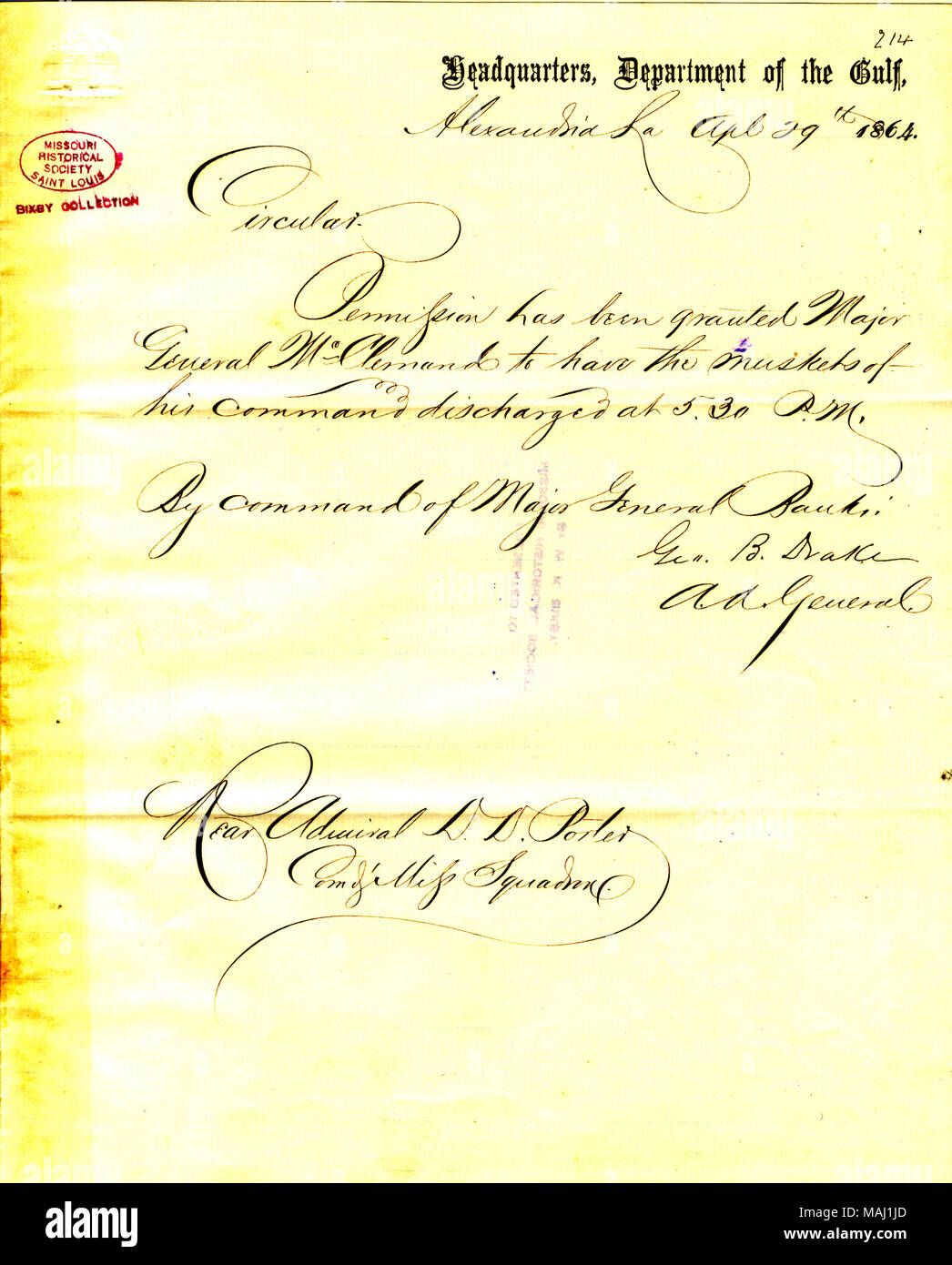 States, 'Permission has been granted Major General McClernand to have the muskets of his command discharged at 5:30 p.m. By command of Major General Banks.' Title: Note from Geo. B. Drake, headquarters, Department of the Gulf, Alexandria, Louisiana, to [David D.] Porter, April 29, 1864  . 29 April 1864. Drake, George B. Stock Photo