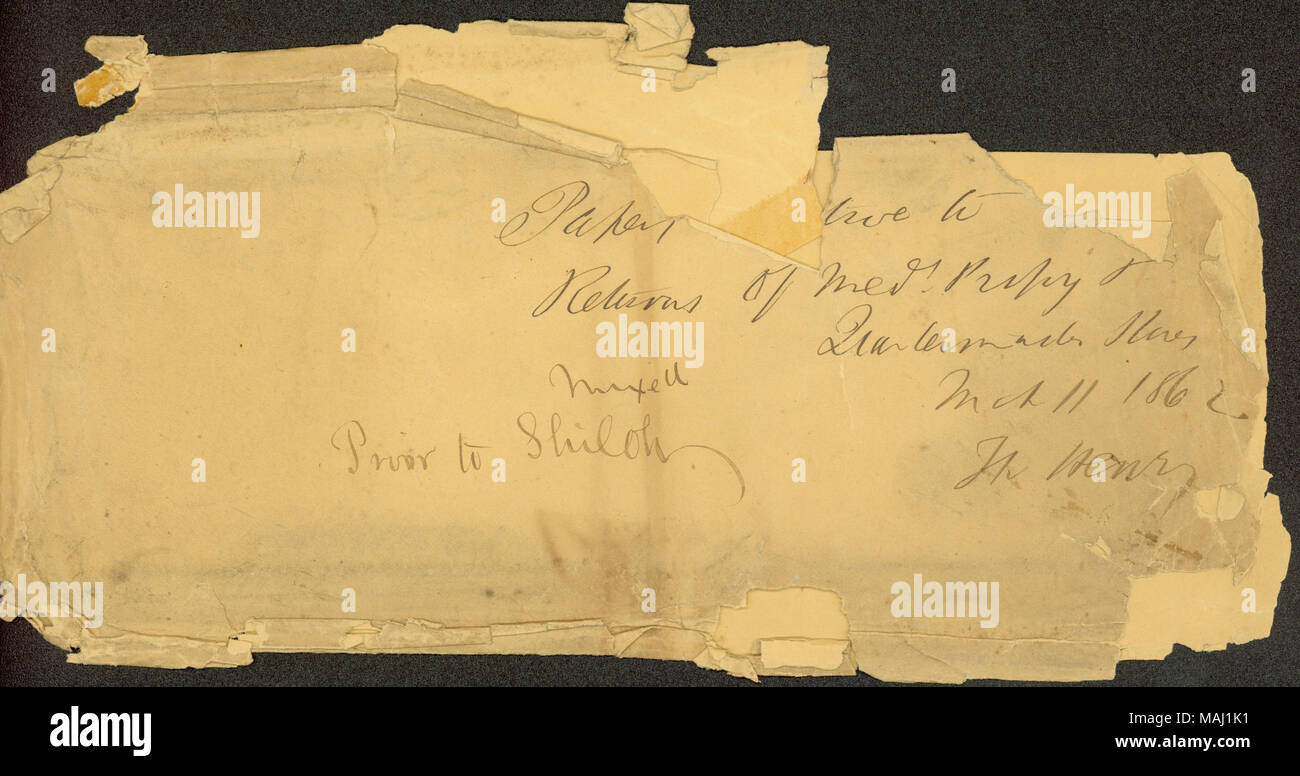 Writing indicates that envelope contained returns of medical property. 'Prior to Shiloh' also written on envelope. Title: Envelope dated March 11, 1862  . 11 March 1862. Stock Photo