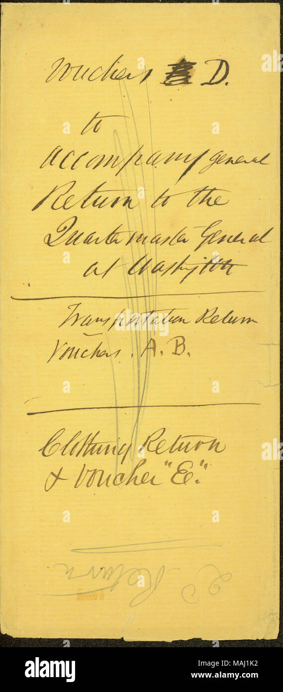 Writing indicates that envelope contained vouchers to accompany general return to the Quartermaster General. Title: Envelope for vouchers, 1861-1865  . between 1861 and 1865. Stock Photo