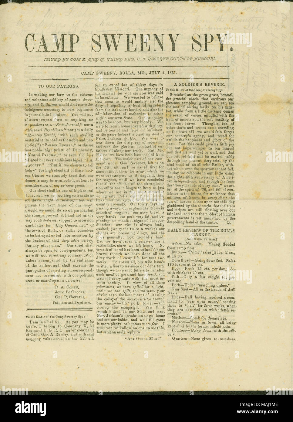 Includes a letter to the patrons of the newspaper, letters to the editor, local news, commentary on the Fourth of July, a poem, General Orders from D. Bayles, and a list of men who have taken a loyalty oath to the United States. Title: Newspaper issue of Camp Sweeney Spy, issued by Companies D and K, 3rd U.S.R.C. (3 months), July 4, 1861  . 4 July 1861. Camp Sweeney Spy Stock Photo