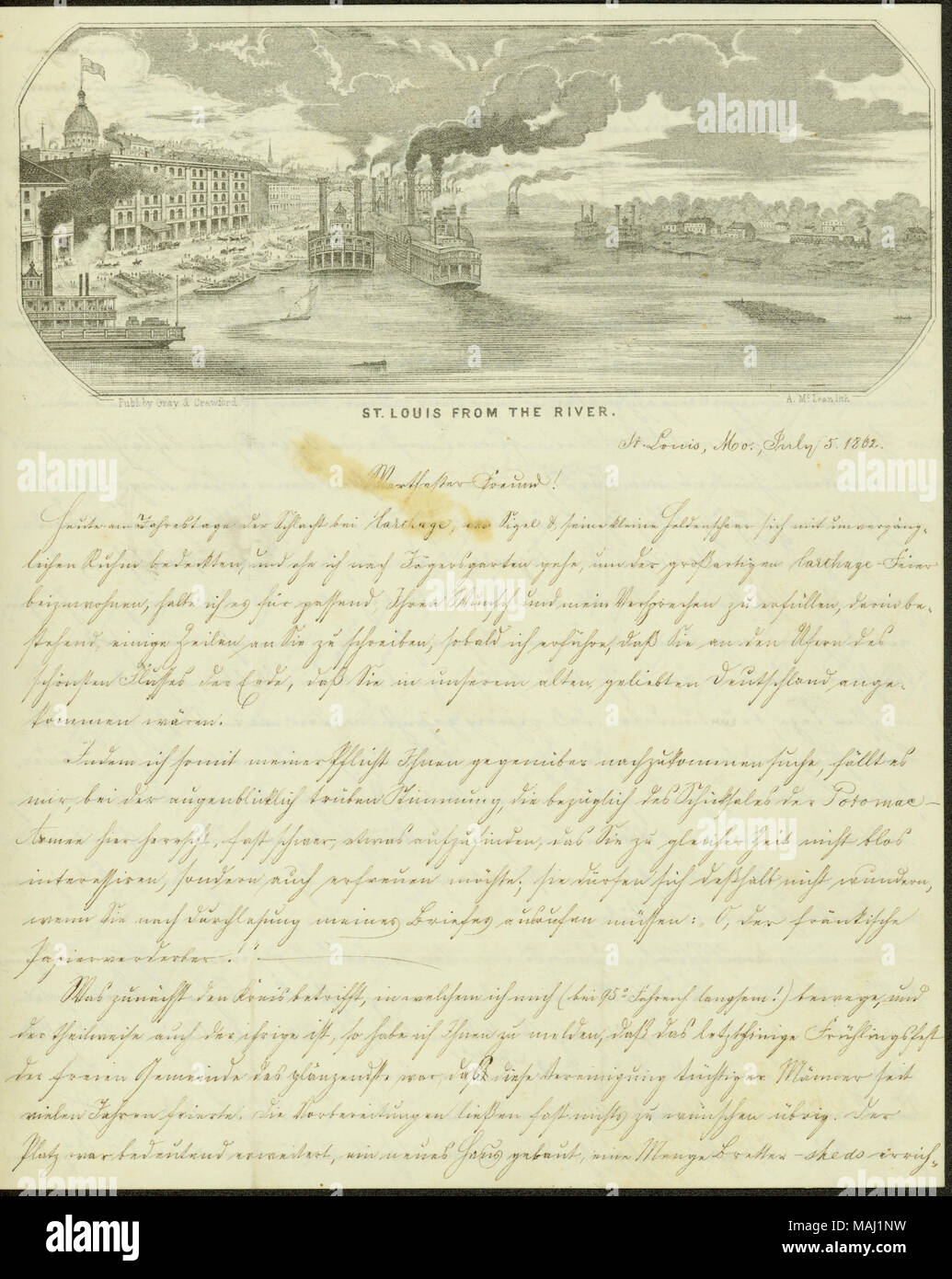 Comments on the progress of the war. Includes typescript in German with English translation. Letterhead illustration of the St. Louis riverfront. Title: Letter from Heinrich Clarner, St. Louis, Mo., to a friend, July 5, 1862  . 5 July 1862. Clarner, Heinrich Stock Photo