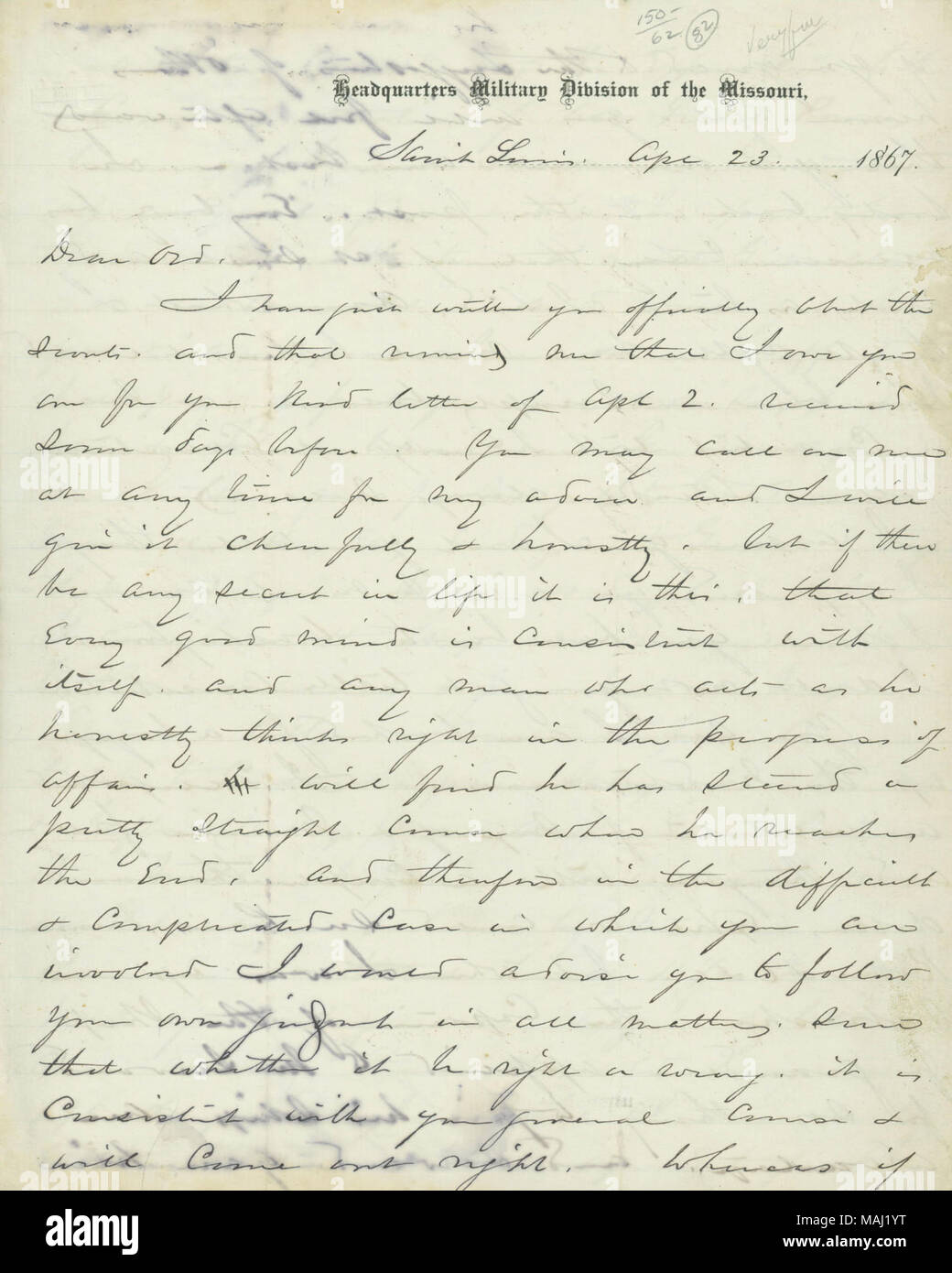 Informs Ord of a planned Mediterranean tour with his daughter Minnie Sherman. Expresses his disappointment that the tour will involve command matters. Refers to the loss of his son Willy at Vicksburg during the Civil War. Title: Letter signed W.T. Sherman to [E.O.C.] Ord, April 23, 1867  . 23 April 1867. Sherman, William T. (William Tecumseh), 1820-1891 Stock Photo