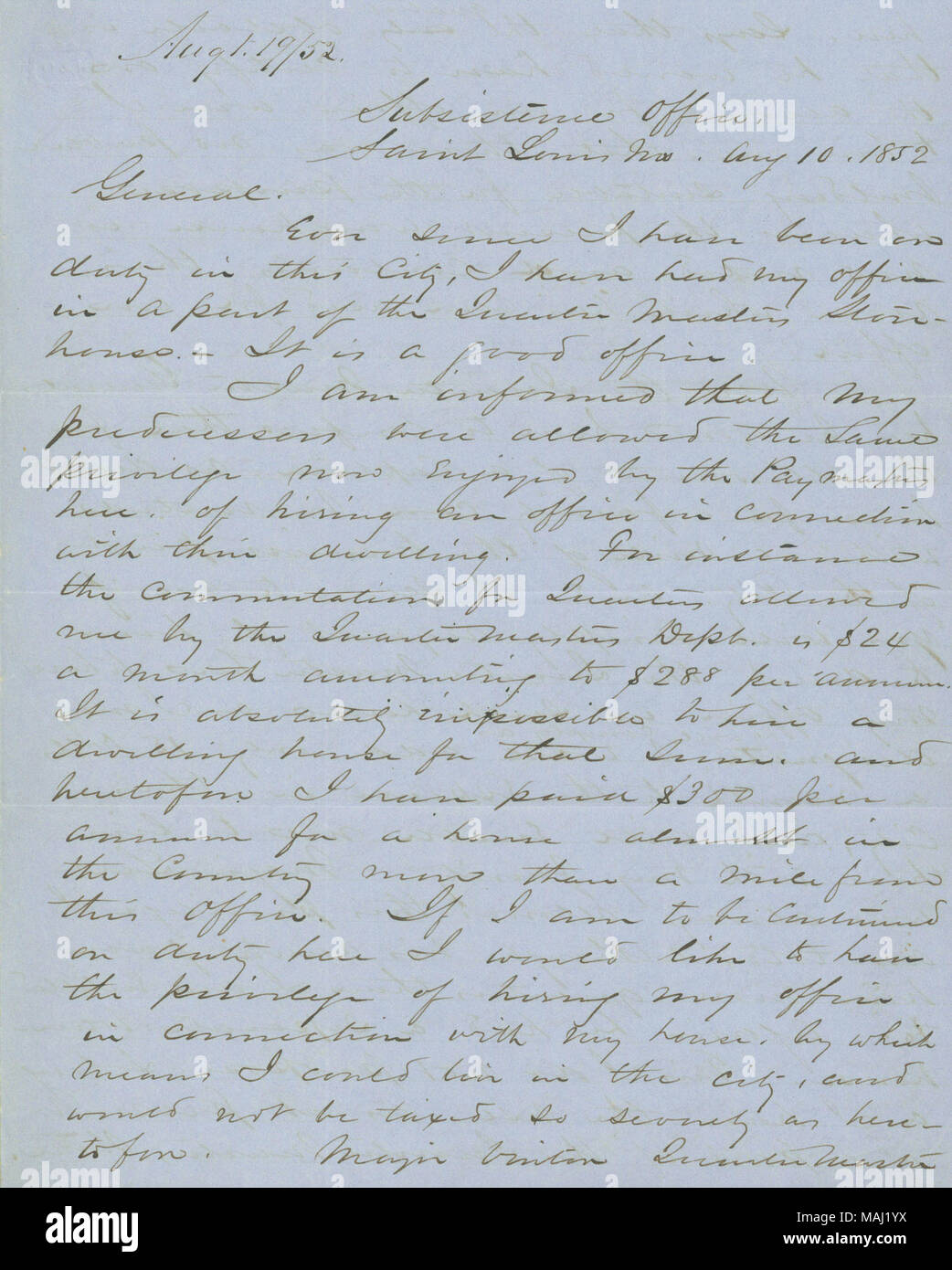 Requests that he be allowed to rent an office in the city that would double as his residence. Title: Letter signed W.T. Sherman, Subsistence Office, Saint Louis, Mo., to General George Gibson, Washington, D.C., August 10, 1852  . 10 August 1852. Sherman, William T. (William Tecumseh), 1820-1891 Stock Photo