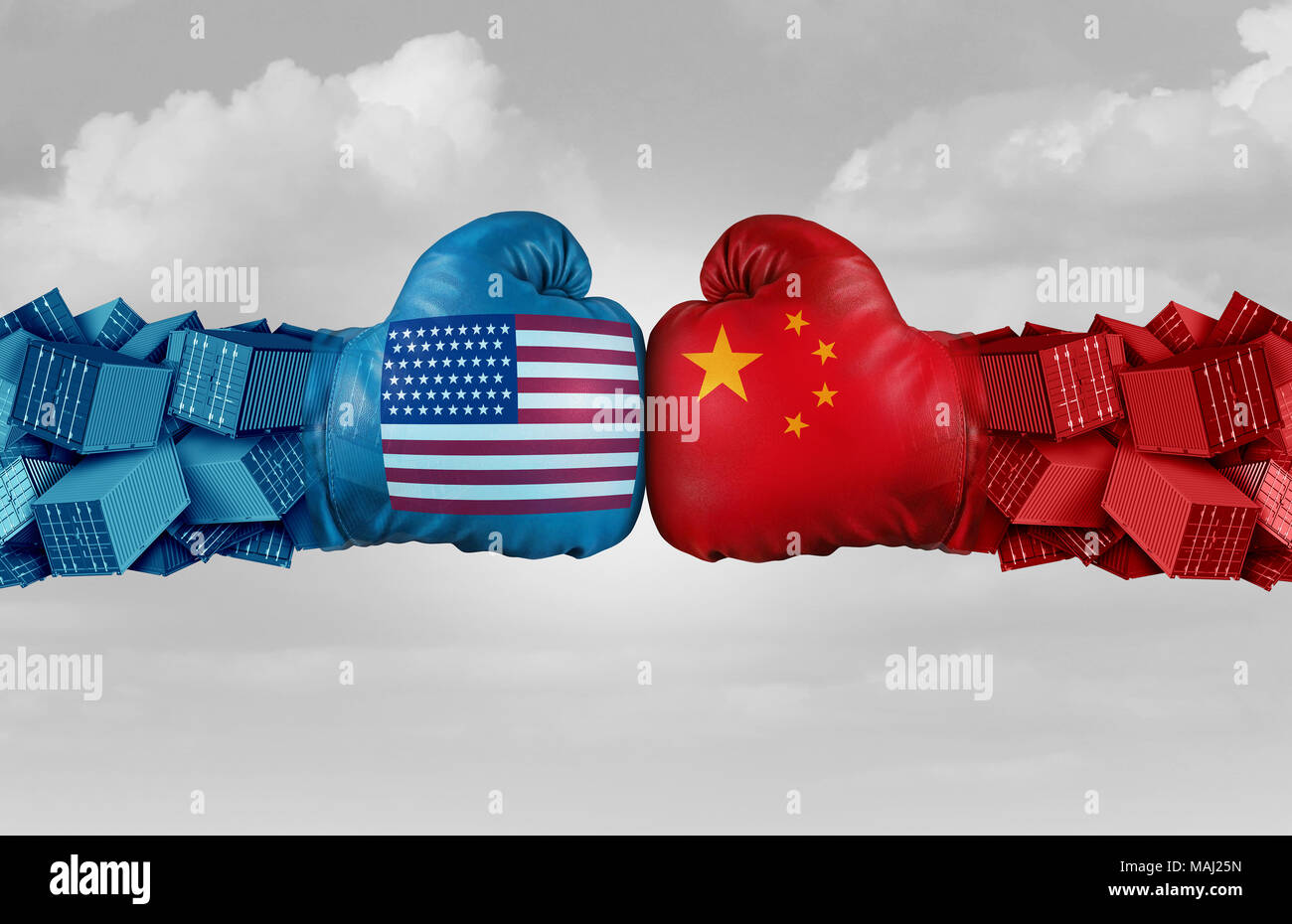 China USA or United States trade and American tariffs conflict with two opposing trading partners as an economic import and exports dispute. Stock Photo