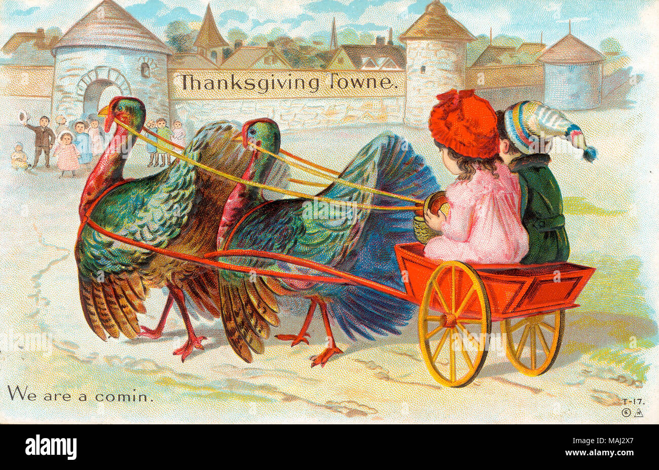 Title: 'Thanksgiving Towne. We are a comin.'  . circa 1900. Stock Photo