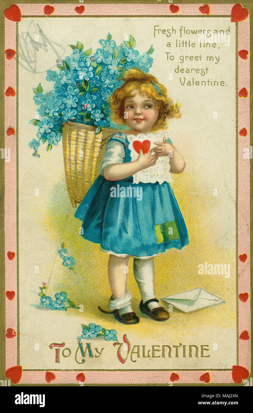 Title: 'To My Valentine. Fresh flowers and a little line, To greet by dearest Valentine.'  . circa 1910. International Art Publishing Company Stock Photo