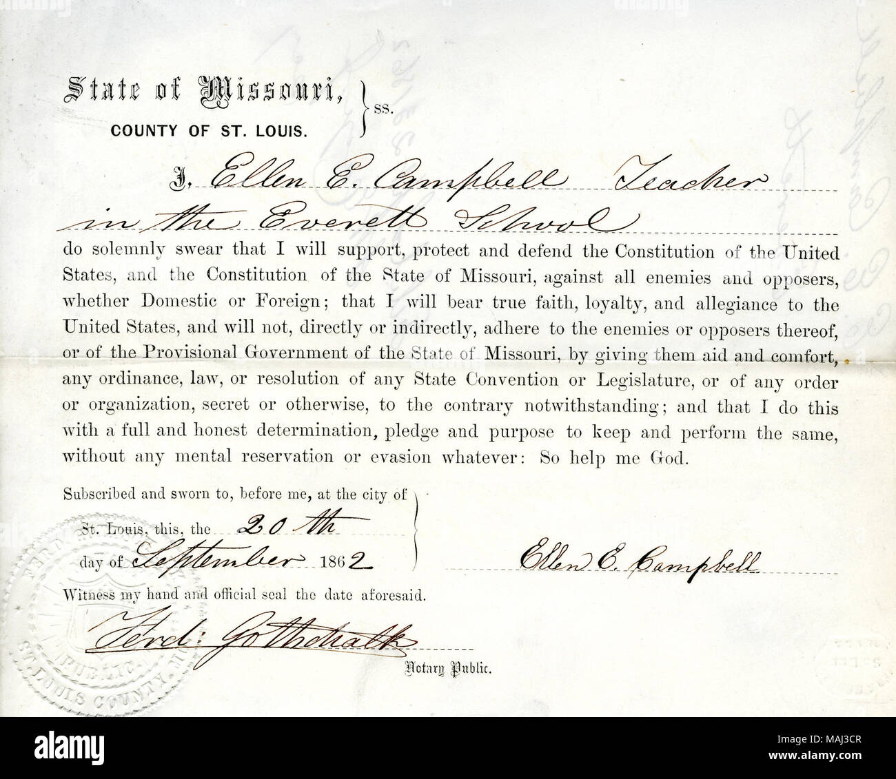 Swears oath of allegiance to the Government of the United States and the State of Missouri. Title: Loyalty oath of Ellen E. Campbell of Missouri, County of St. Louis  . 23 September 1862. Campbell, E.E. Stock Photo