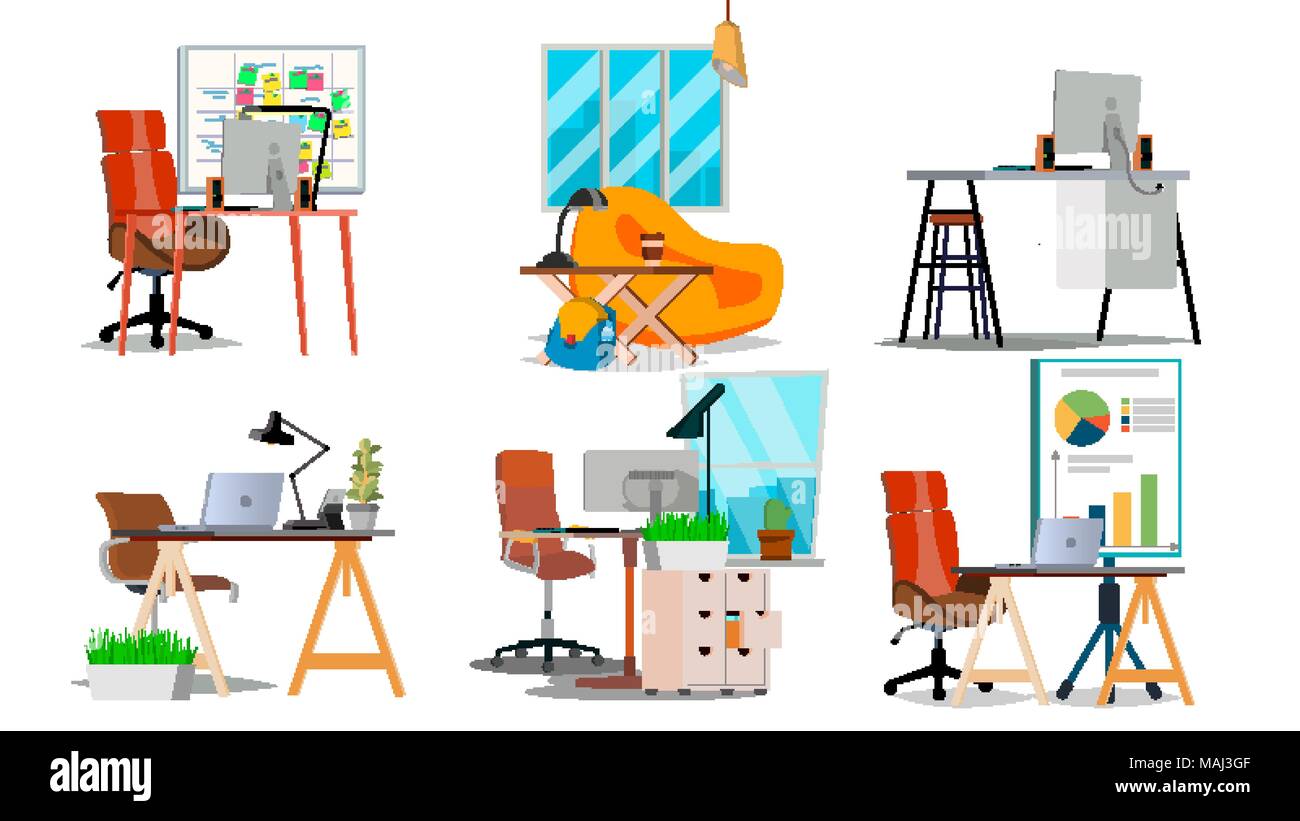 Office Workplace Interior Set Vector. Interior Of The Office Room ...