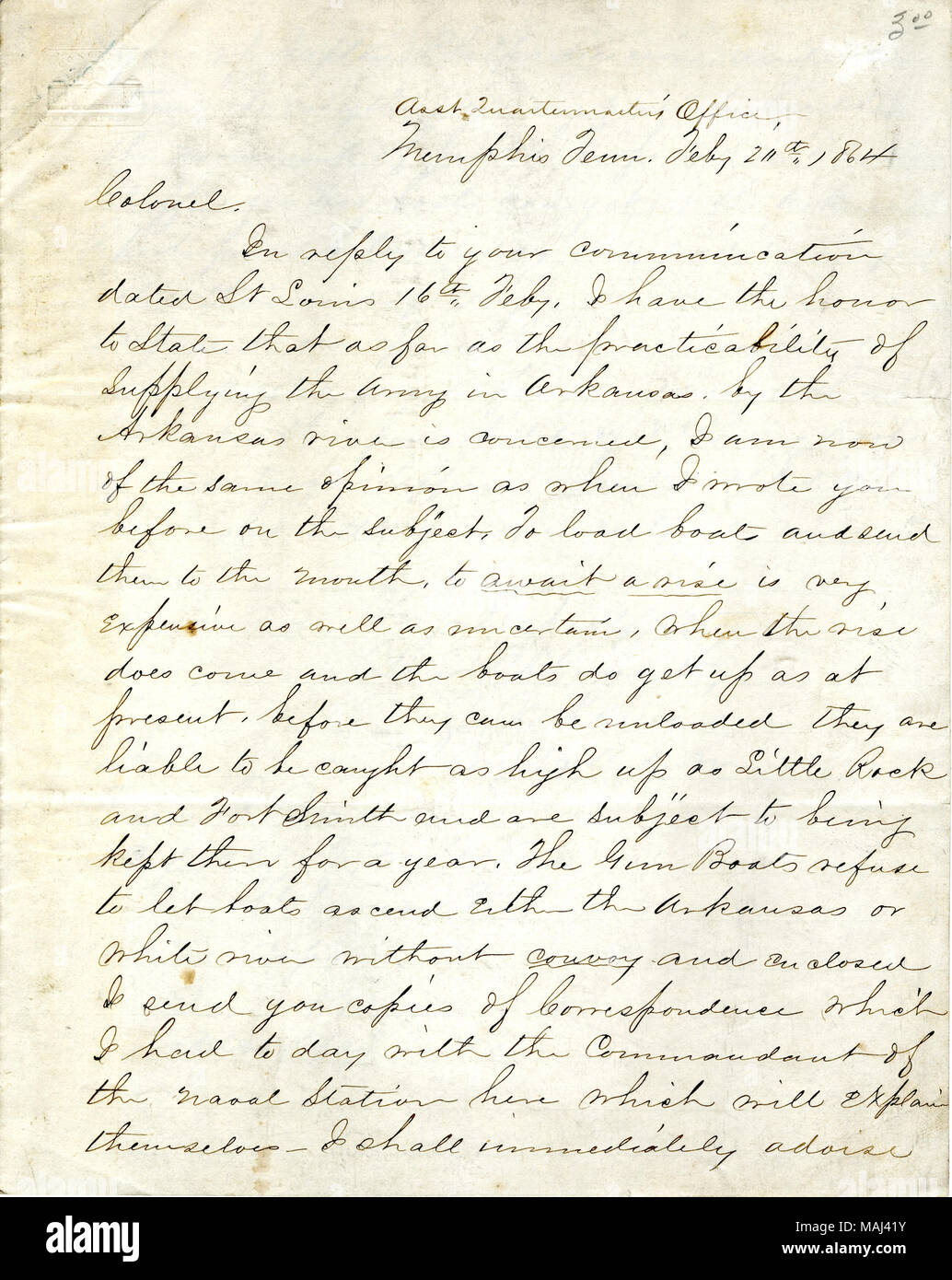 Letter from J.V. Lewis, Asst. Quartermaster’s Office, Memphis, Tenn., to Colonel Lewis B. Parsons, St. Louis, Mo., discussing the practicality of supplying the army in Arkansas by the Arkansas River, page one, 1864-02-26. Civil War Collection, Missouri History Museum, St. Louis, Missouri. Stock Photo