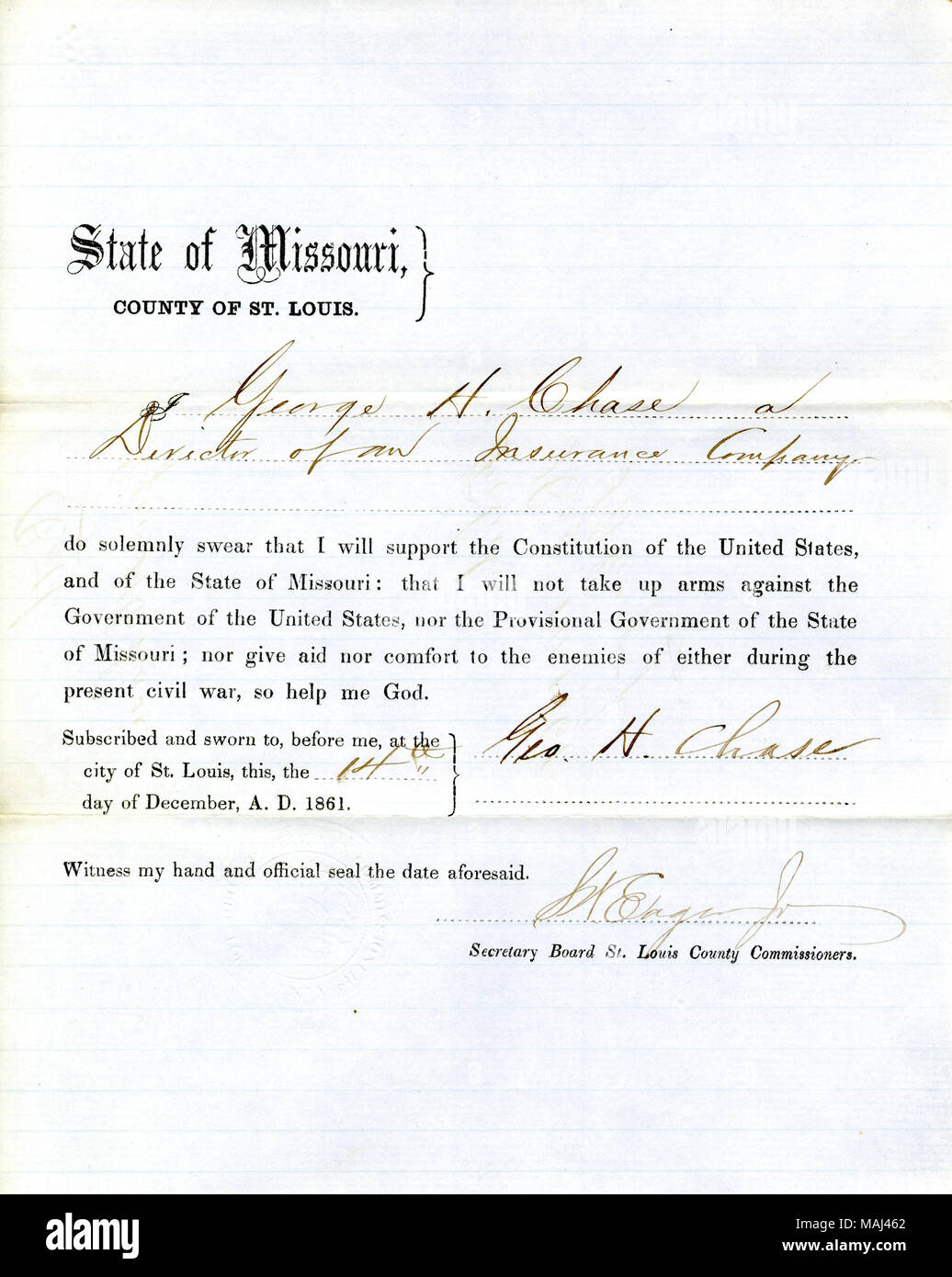 Swears oath of allegiance to the Government of the United States and the State of Missouri. Title: Loyalty oath of George H. Chase of Missouri, County of St.Louis  . 14 December 1861. Chase, G.H. Stock Photo