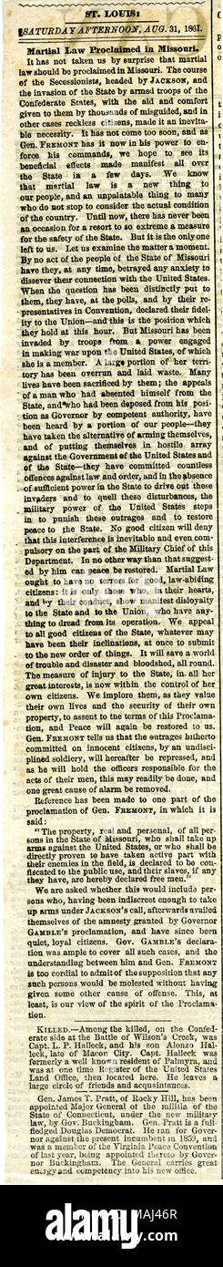 Newspaper clipping, article titled “Martial law proclaimed in Missouri,” page one, 1861-08-31. Civil War Collection, Missouri History Museum, St. Louis, Missouri. Stock Photo