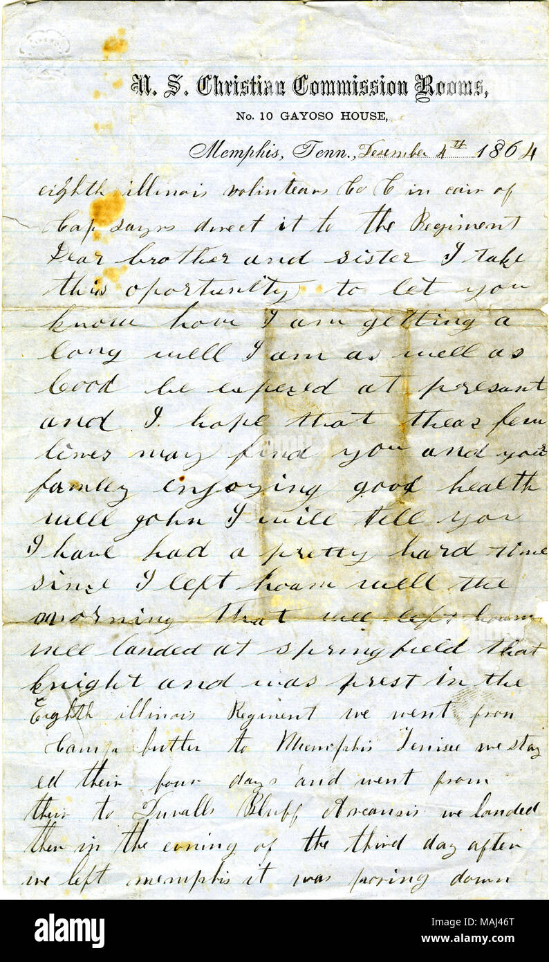 Contains brief account of regimental affairs.  Transcription: December 4th 1864 eighth illinois volintear Co C in cair of Cap Sayers direct it to the Regiment Dear brother and sister I take this oportunity to let you know how I am getting a long well I am as well as cood be especed[expected] at presant and I hope that theas few lines may find you and your family enjoying good health well john I will tell you I have had a pretty hard time since I left hoam well the morning that we left hoam we landed at springfield that knight and was prest in the Eighth illinois Regiment we went from Camp butl Stock Photo
