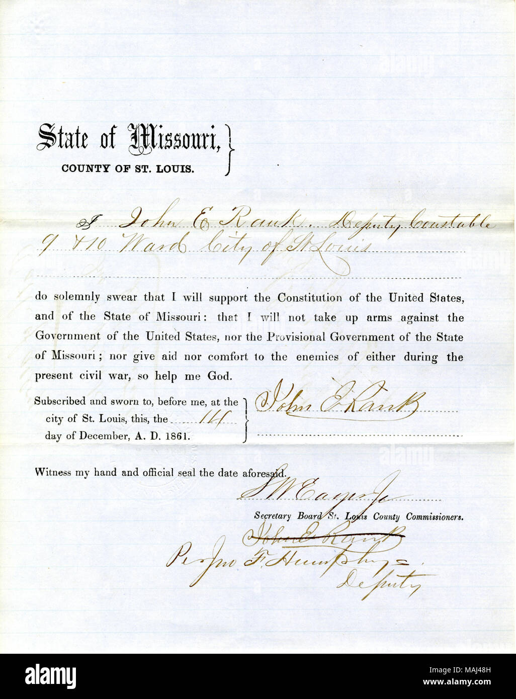 Swears oath of allegiance to the Government of the United States and the State of Missouri. Title: Loyalty oath of John E. Rank of Missouri, County of St.Louis  . 14 December 1861. Rank, J.E. Stock Photo