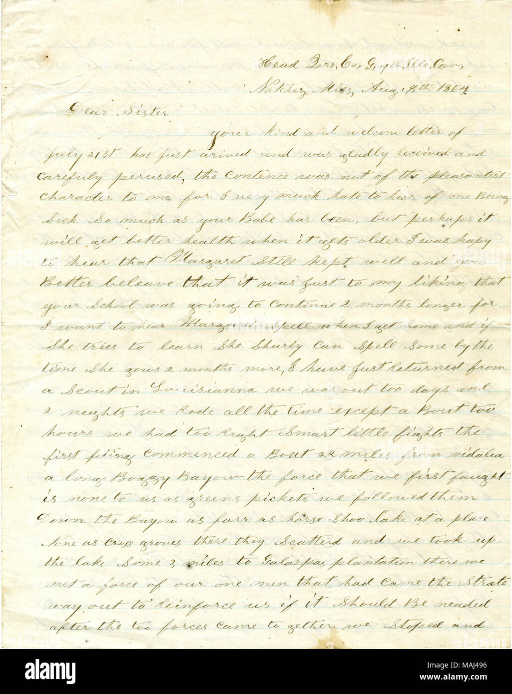 Describes regimental affairs. Writes of a widow he intends to marry.  Transcription: Head Qrs, Co, G, 4th Ills, Cav, Natchez Miss, Aug. 8th 1864 Dear Sister your kind and welcom letter of July 21st has Just arived and was gladly Received and carefuly persued, the contence was not of the pleasantest character to me for I very much hate to hear of one Being Sick So much as your Babe has been, but perhaps it will get better health when it gets older I was hapy to hear that Margaret still kept well and you Better beleave that it was Just to my liking that your School was going to continue 2 months Stock Photo