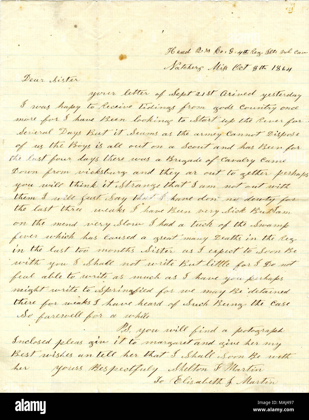 States that he has the swamp fever, but that he is getting better.  Transcription: Head Qrs Co, G, 4th Reg Ills Vol Cav Natchez Miss Oct 8th 1864 Dear Sister your letter of Sept 21st arived yesterday I was hapy to Receive tidings from gods country once mor for I have Been looking to Start up the River for Several Days But it Seams as the armey cannot Dispose of us the Boys is all out on a Scout and has Been for the last four days there was a Brigade of cavalry came Down from vicksburg and they ar out to gether perhaps you will think it Strange that I am not out with them I will Just Say that I Stock Photo