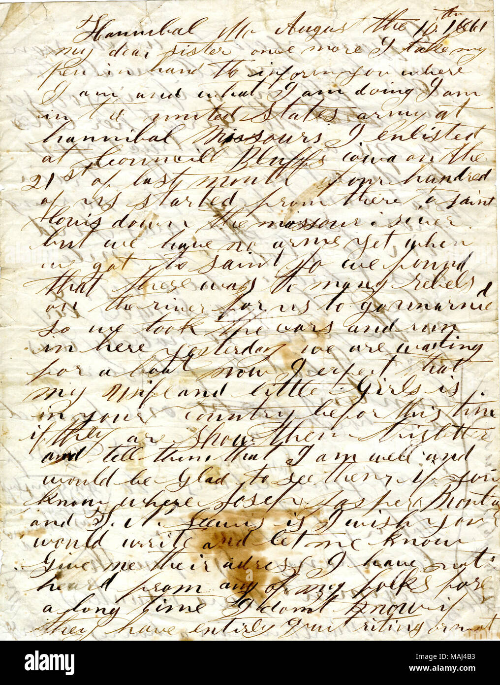 Discusses his life in the military since he enlisted with the 4th Iowa Infantry.  Transcription: Hannibal Mo August the 10th 1861 my dear sister once more I take my pen in hand to inform you where I am and what I am doing I am in the united Stated army at hannibal Missouri I enlisted at councill Bluffs[Council Bluffs] iowa on the 21st of last month four hundred of us started from there to Saint louis down the missouri river but we have no arms yet when we got to Saint Lo[St. Louis] we found that there was to many rebels on the river for us to go unarmed so we took the cars and run in here yest Stock Photo