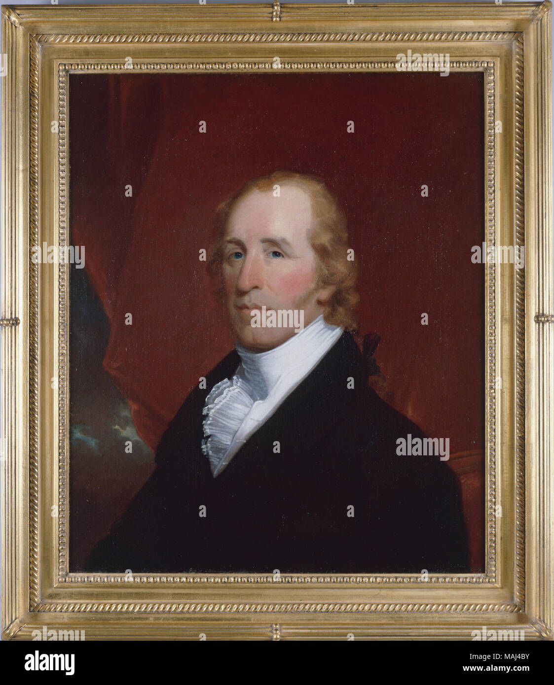 Portrait of William Clark attributed to John Wesley Jarvis. Clark and Meriwether Lewis led an expedition across the Louisiana Puchase to the Pacific Ocean in 1803-1805. Later Clark served as the governor of the Missouri Territory and Superintendent of Indian Affairs. Also large, rectangular wood frame (b), painted gold and decorated with flourishes original to the painting. Title: Portrait of William Clark  . circa 1810. Jarvis, John Wesley, 1780-1840 Stock Photo