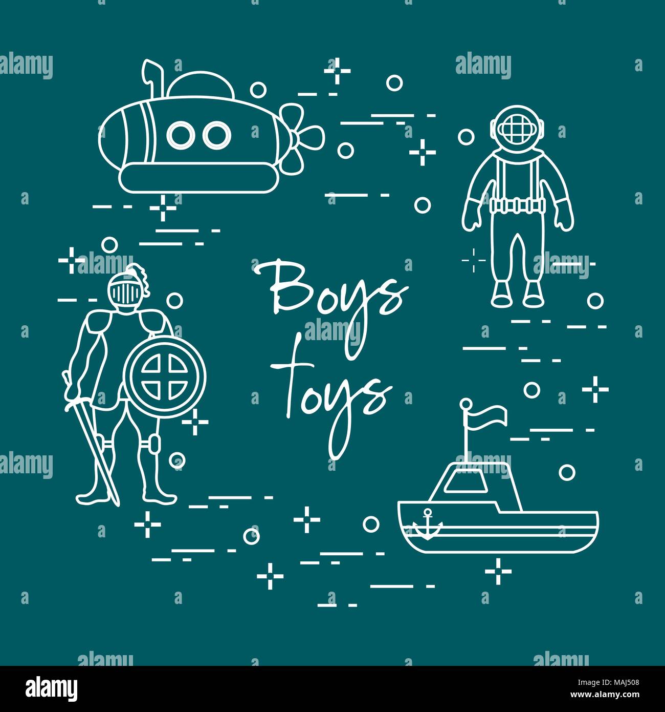 Children's toys for the boy: knight with shield and sword, submarine, diver, ship. Design element for postcard, banner or print. Stock Vector