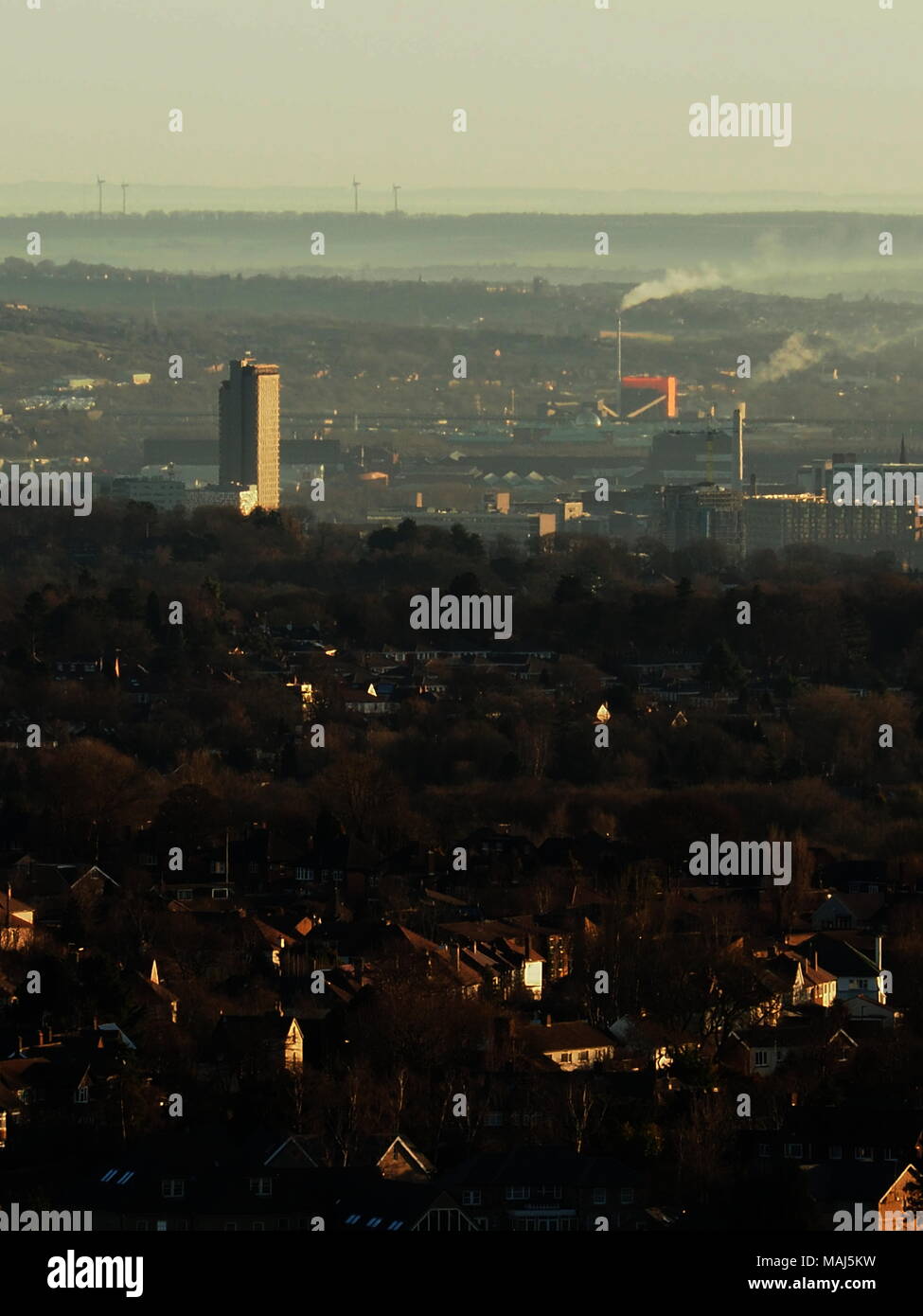 Sheffield's St Paul's Tower, Cheese Grater Car Park & Energy Recovery Facility At Dawn From Totley S17 Stock Photo