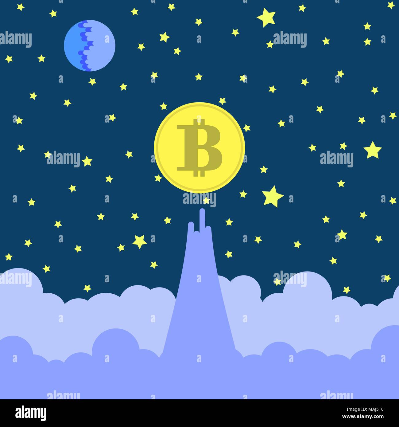 Yellow Bitcoin Icon on Blue Sky Background Stock Vector