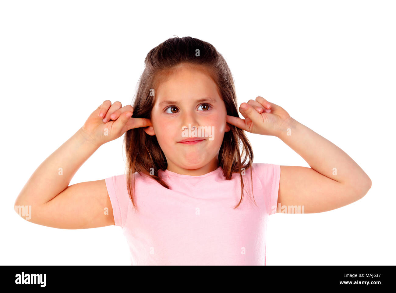 Small child covering his ears isoalted on a white background Stock